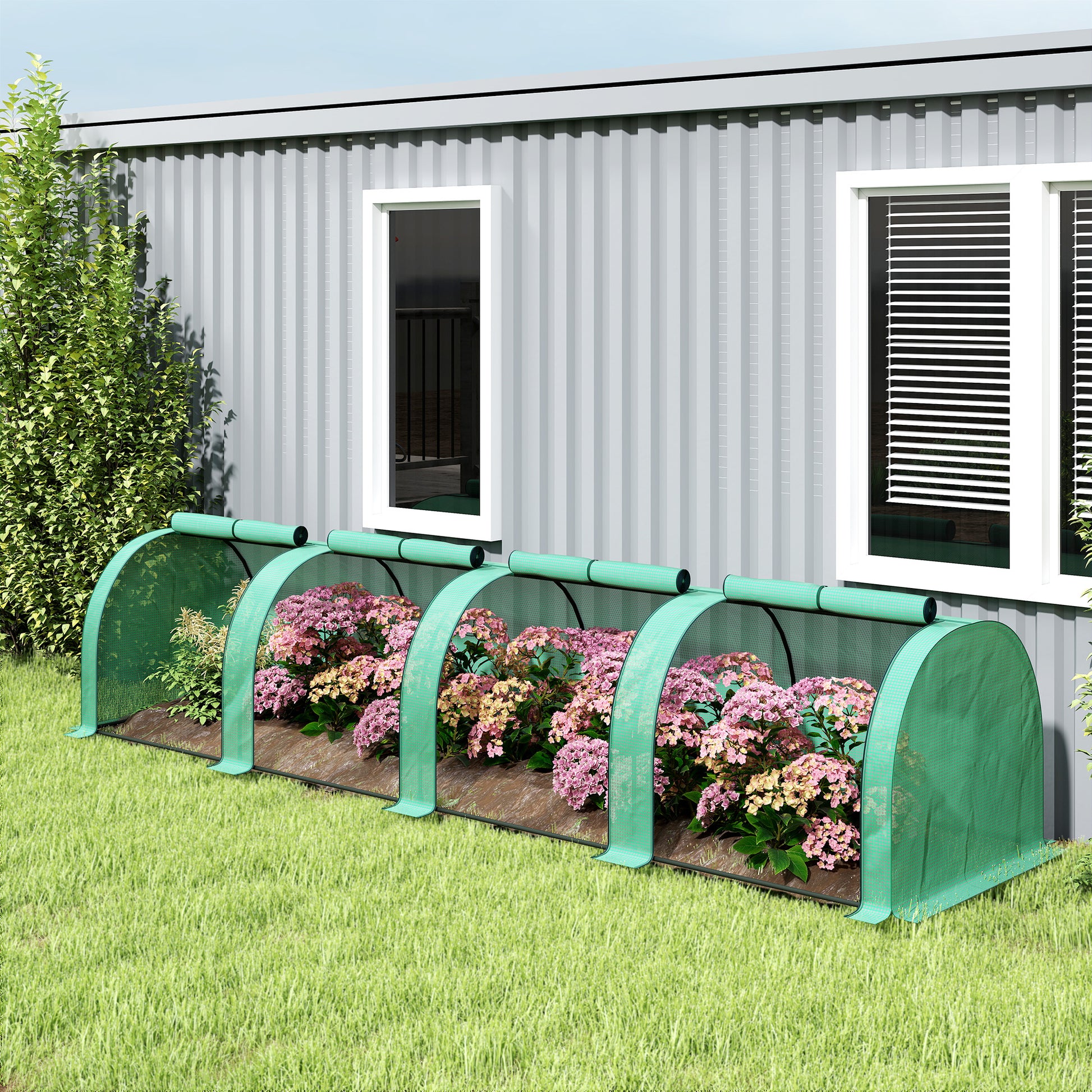 Outsunny Invernadero de Exterior 395x100x80 cm Invernadero de Jardín con 4 Puertas Enrollables y Marco de Acero para Cultivos Plantas Flores Verde