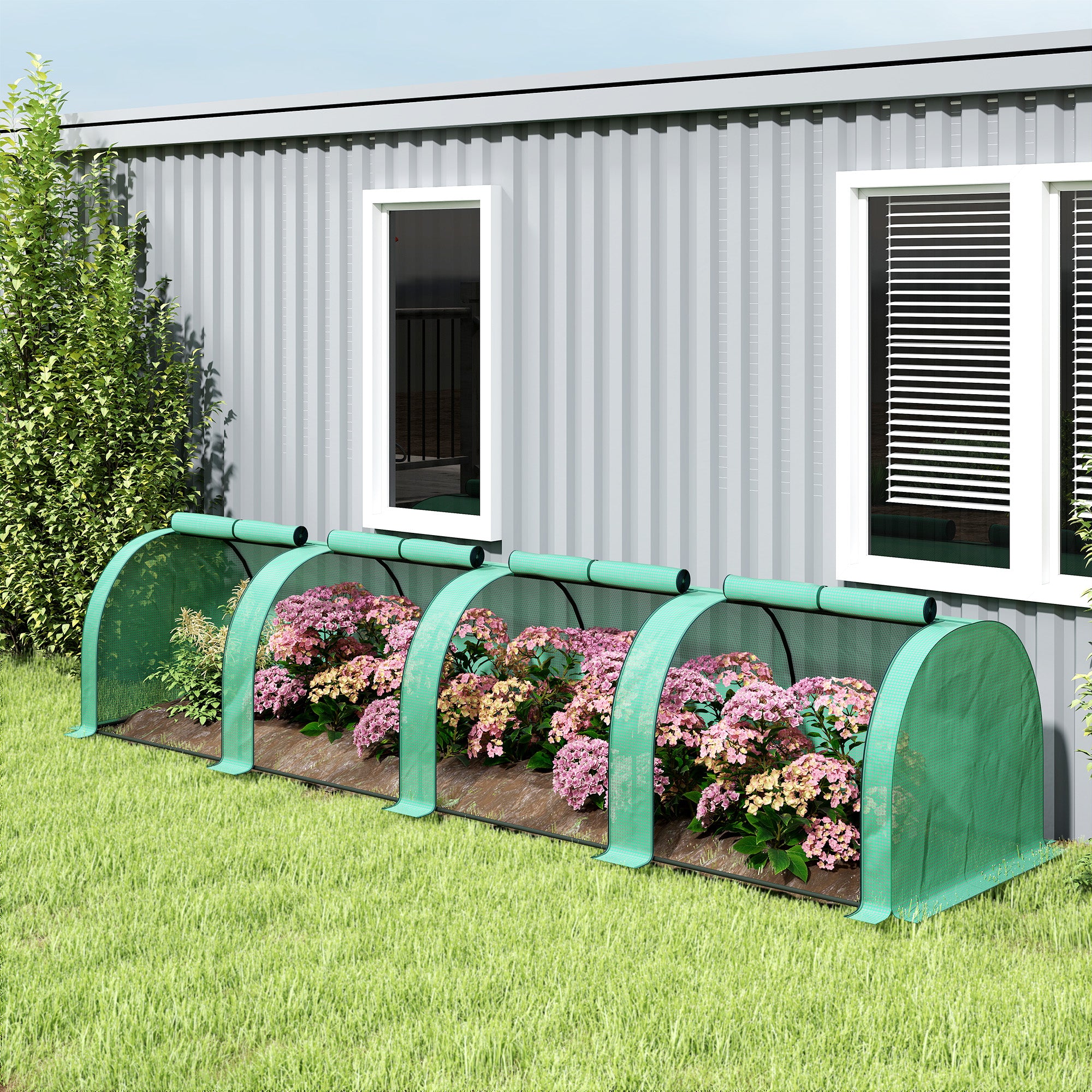 Outsunny Invernadero de Exterior 395x100x80 cm Invernadero de Jardín con 4 Puertas Enrollables y Marco de Acero para Cultivos Plantas Flores Verde