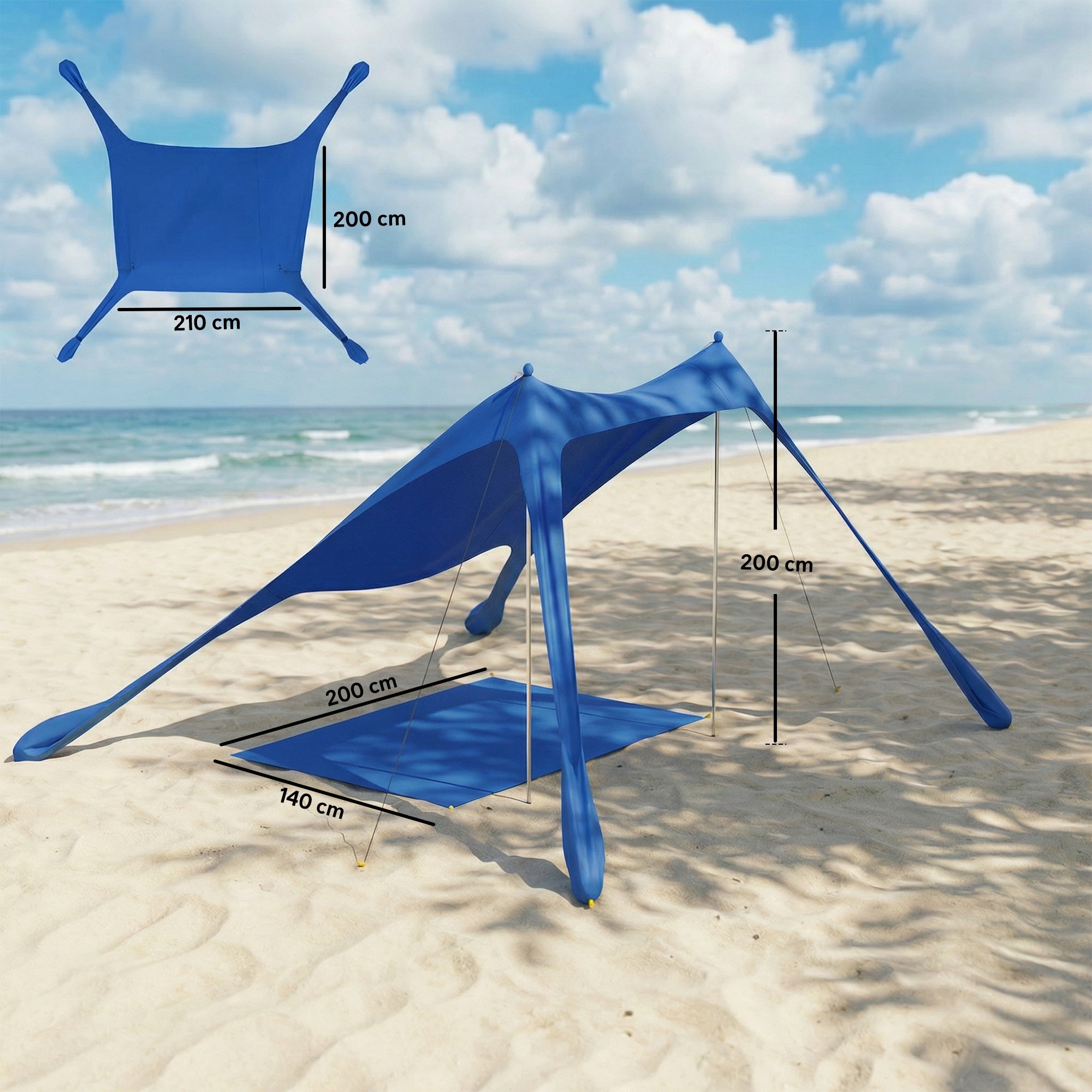 Outsunny Carpa Playa Plegable 208x200 cm, Toldo Playa Portátil para 2-4 Personas con Esterilla, UPF50+, Postes de Aluminio, Pala, Estacas y Bolsa de Transporte Impermeable, para Camping, Pesca, Azul