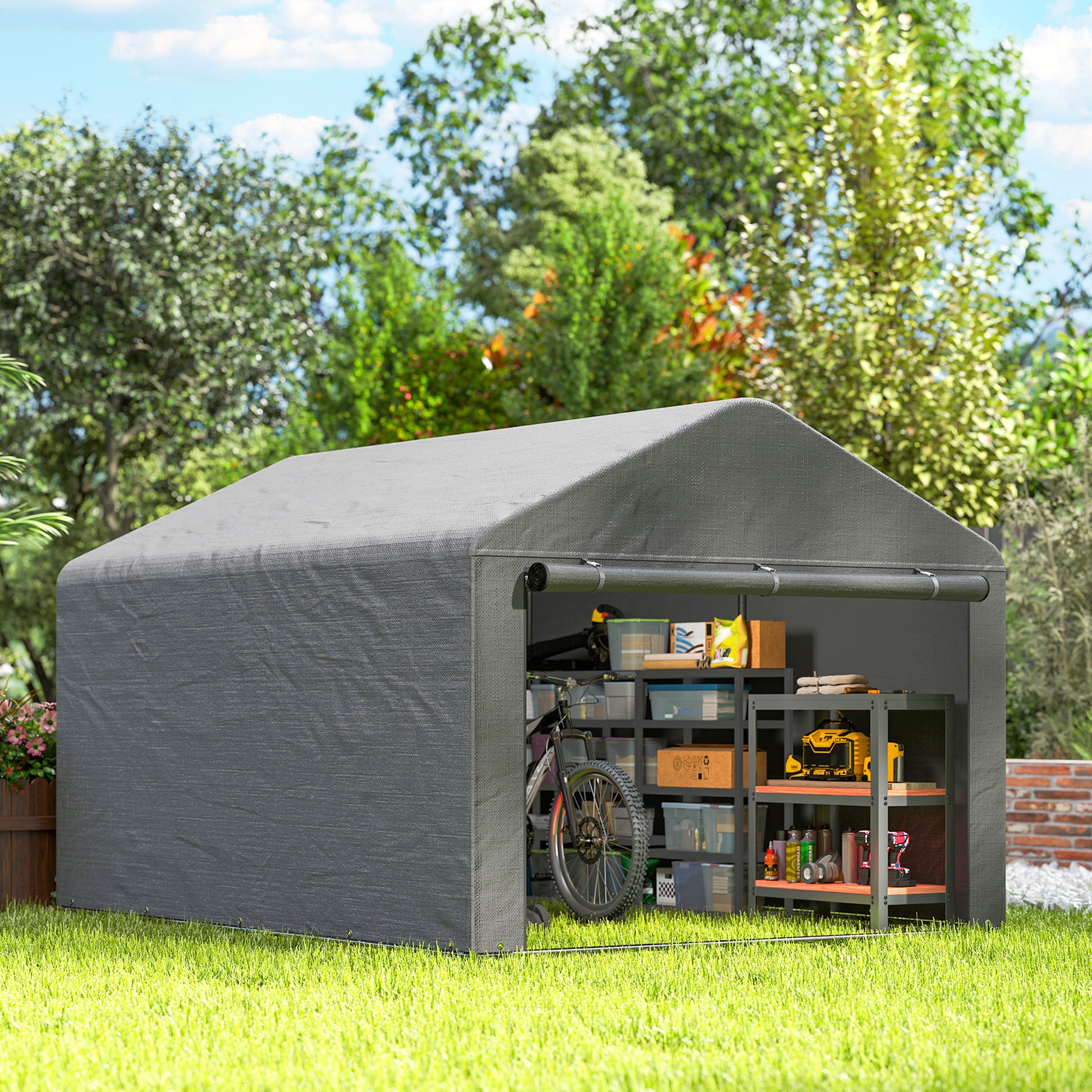 Outsunny Carpa de Jardín Exterior para Herramientas, Bicicletas, 2,4x2x2 m, Cobertizo Exterior con Marco Metal Galvanizado, Puerta Enrollable con Cremallera, Impermeable, UV30+, Garaje Portátil, Gris