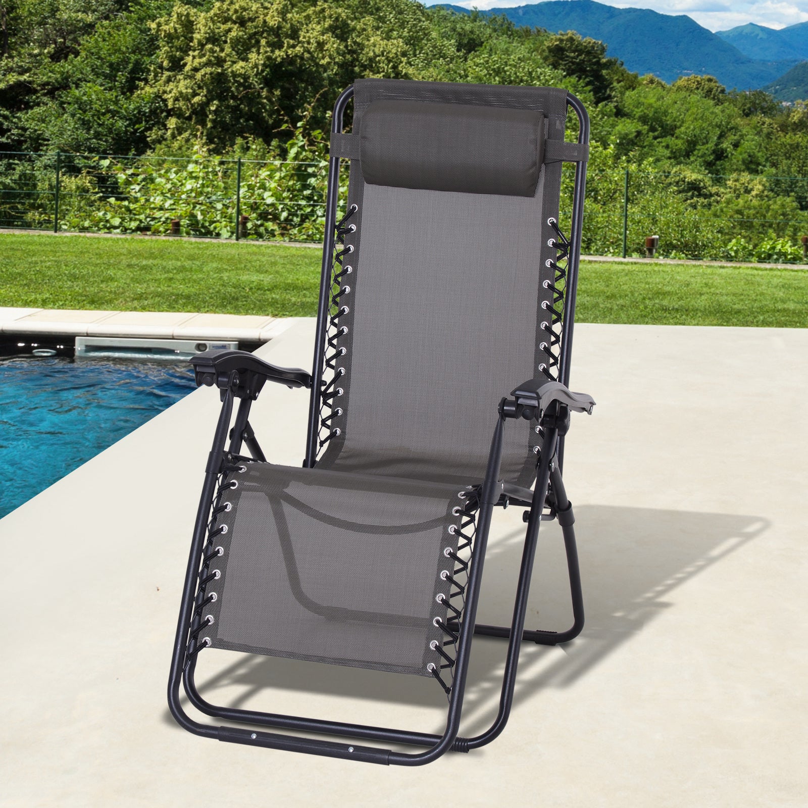 Outsunny Tumbona Plegable de Jardín Silla Gravedad Cero Sillón de Playa Relajante Texteline Marco Acero Carga 120kg 90x65x110 cm Gris