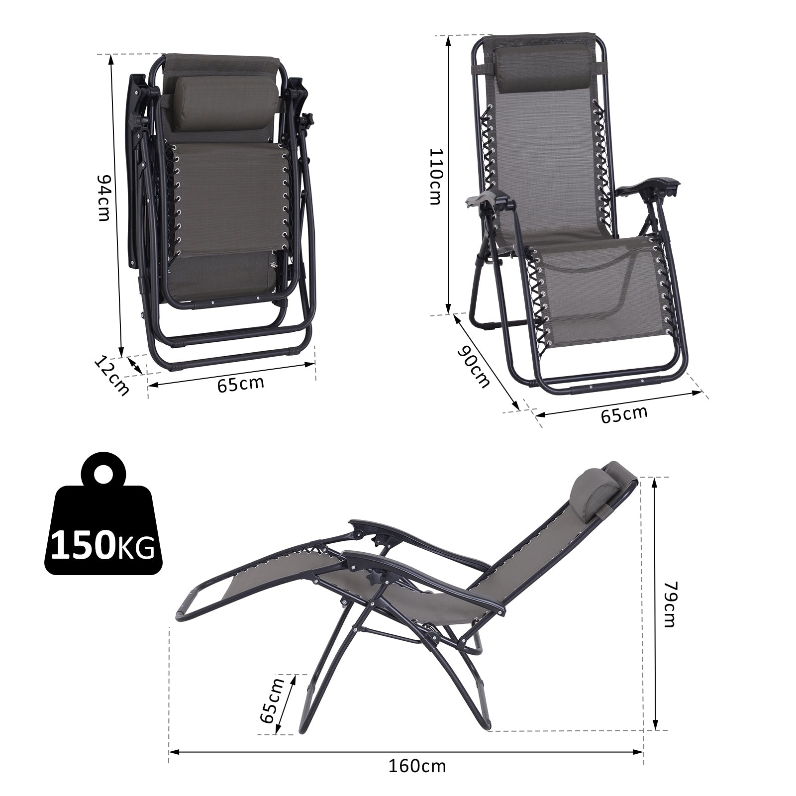 Outsunny Tumbona Plegable de Jardín Silla Gravedad Cero Sillón de Playa Relajante Texteline Marco Acero Carga 120kg 90x65x110 cm Gris