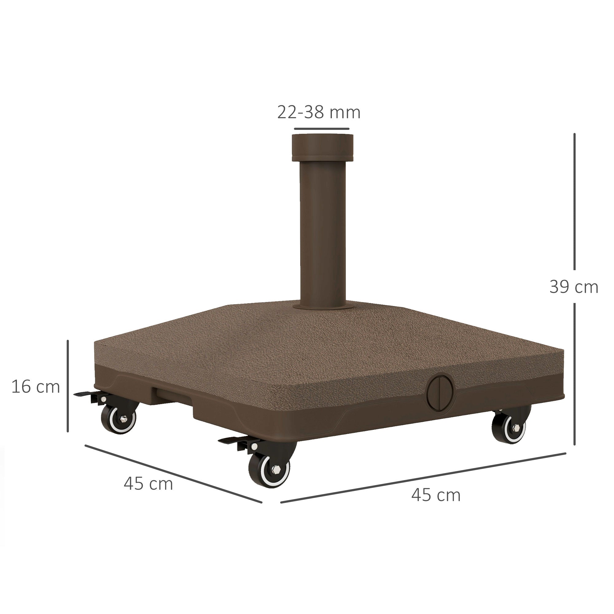 Outsunny Base para Sombrilla con Ruedas, 2,5 kg, Soporte de Parasol de HDPE, Pie para Sombrilla con Postes Ø22 mm a Ø38 mm, Rellenable de Arena 18 kg o Agua 16 kg, para Jardín, Patio, Terraza, Marrón