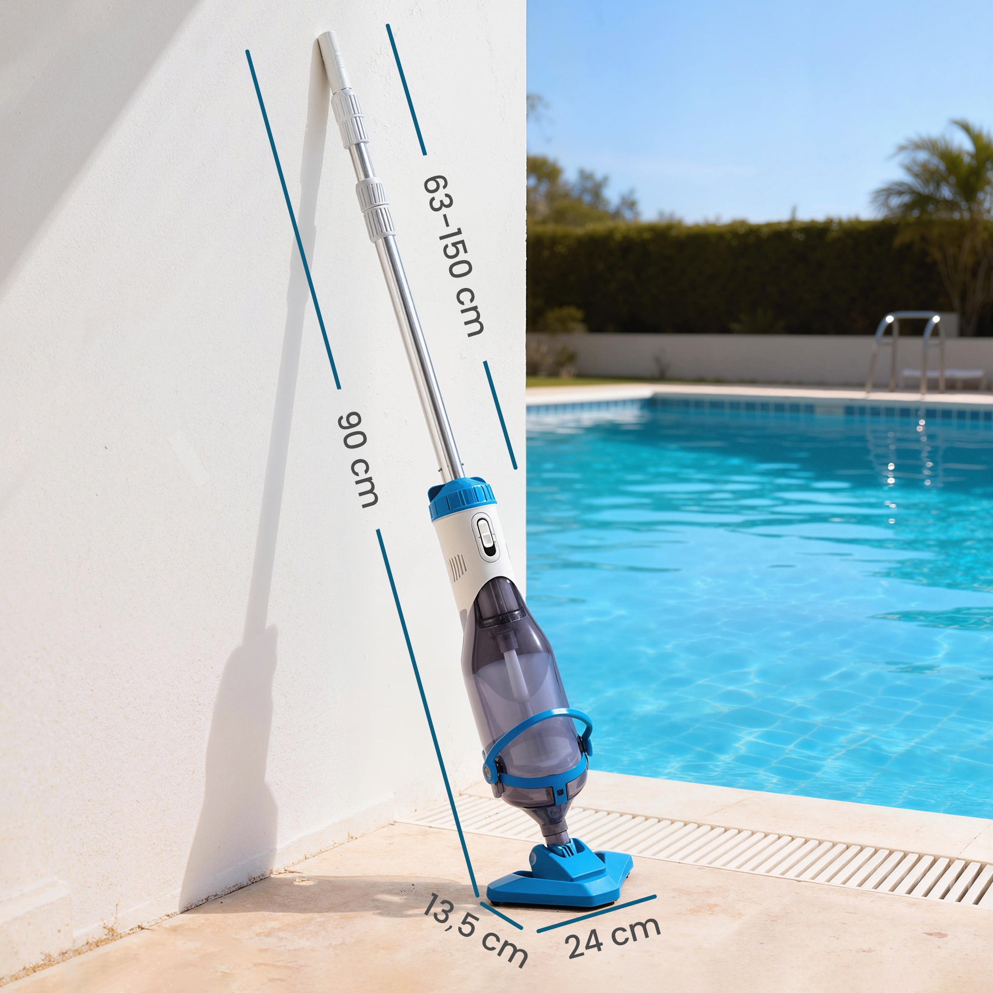 Outsunny Limpiafondos de Piscina a Batería, Aspirador de Piscina Inalámbrica con Cepillo, Mango Telescópico 63-150 cm, Aspiradora Manual para Piscinas Pequeñas, Estanques, 60 Minutos Limpieza, Azul