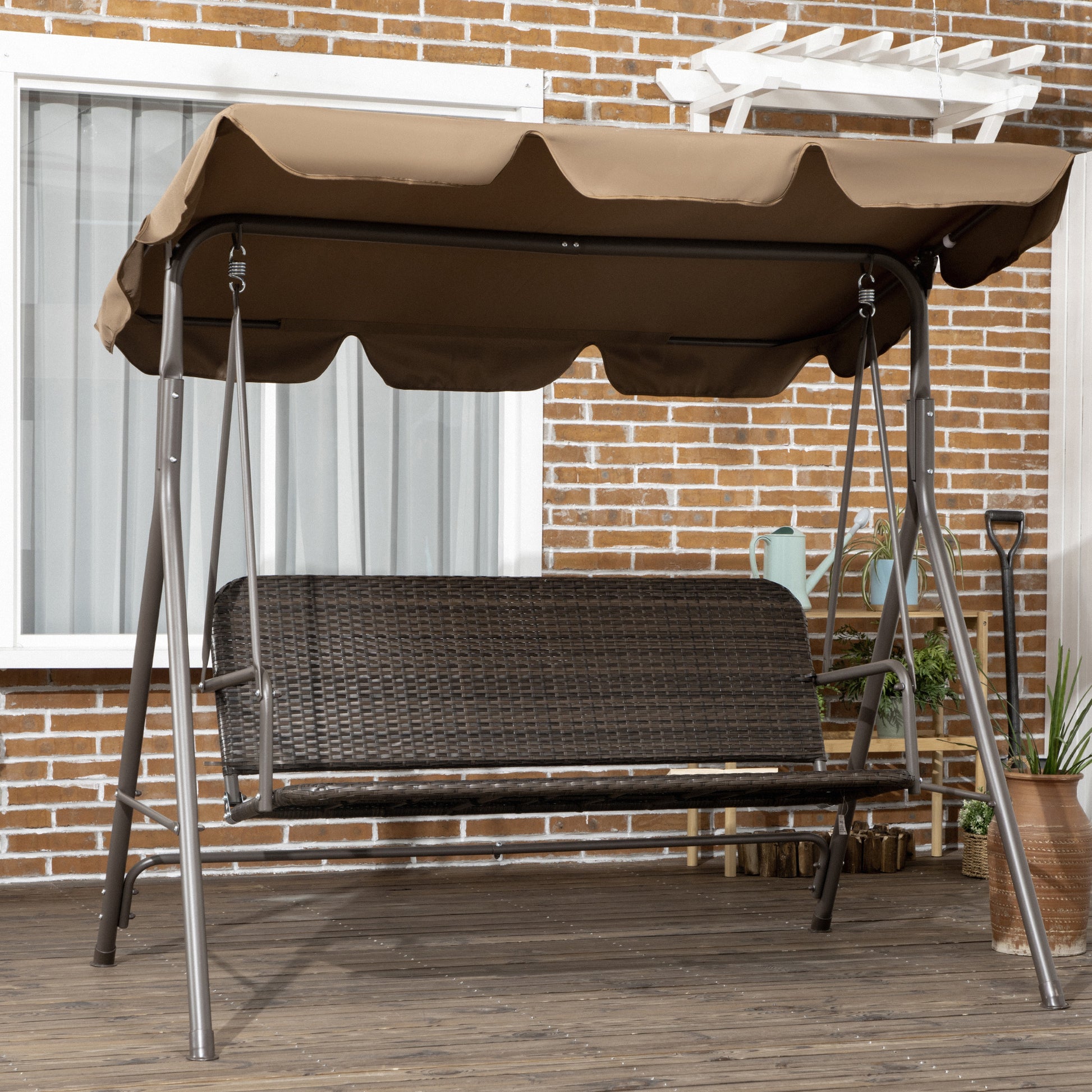 Outsunny Columpio de Jardín Exterior de 3 Plazas Balancín de Jardín Exterior con Toldo Ajustable Asiento de Ratán PE y Reposabrazos para Balcón Terraza Patio Carga 240 kg 167x112x153 cm Marrón