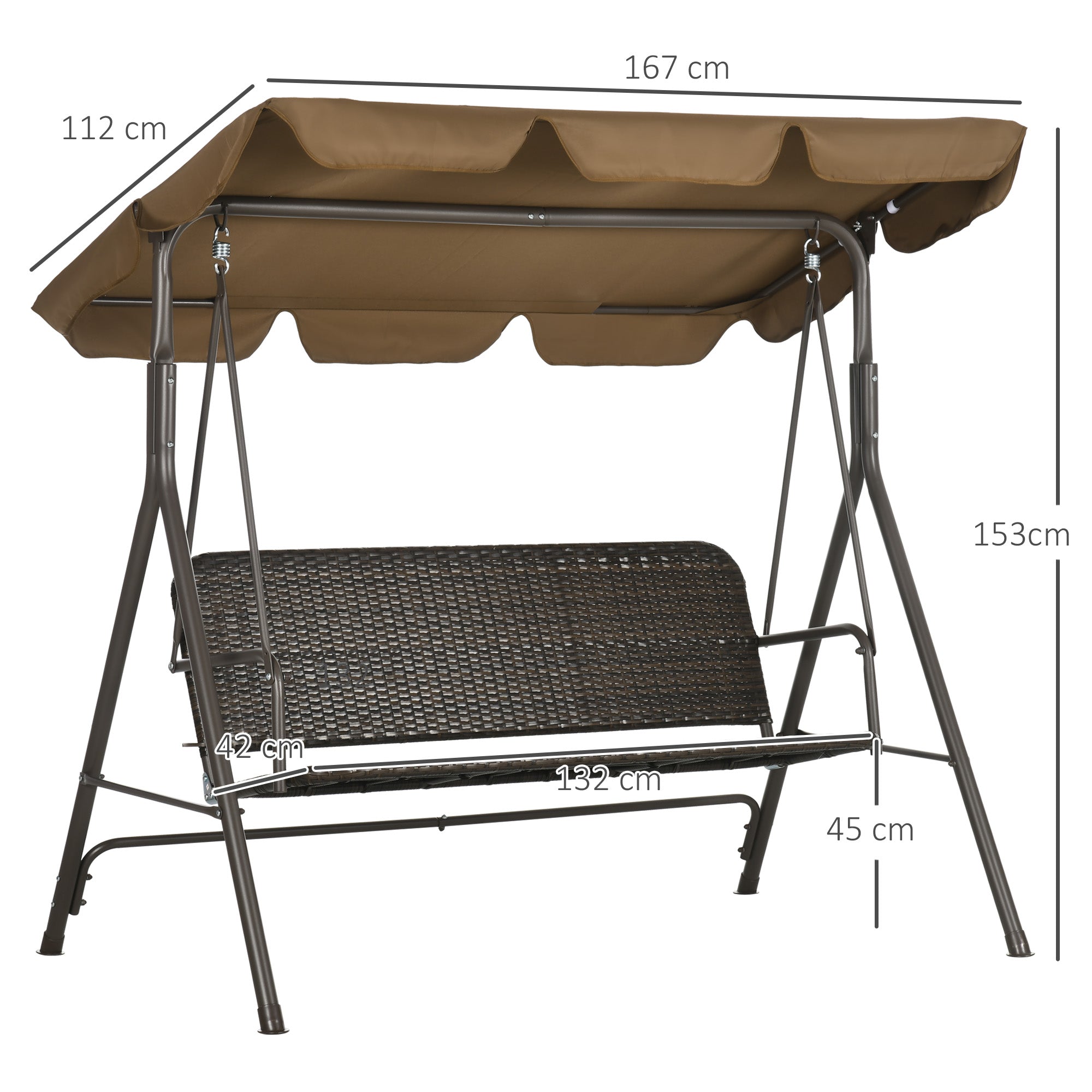 Outsunny Columpio de Jardín Exterior de 3 Plazas Balancín de Jardín Exterior con Toldo Ajustable Asiento de Ratán PE y Reposabrazos para Balcón Terraza Patio Carga 240 kg 167x112x153 cm Marrón