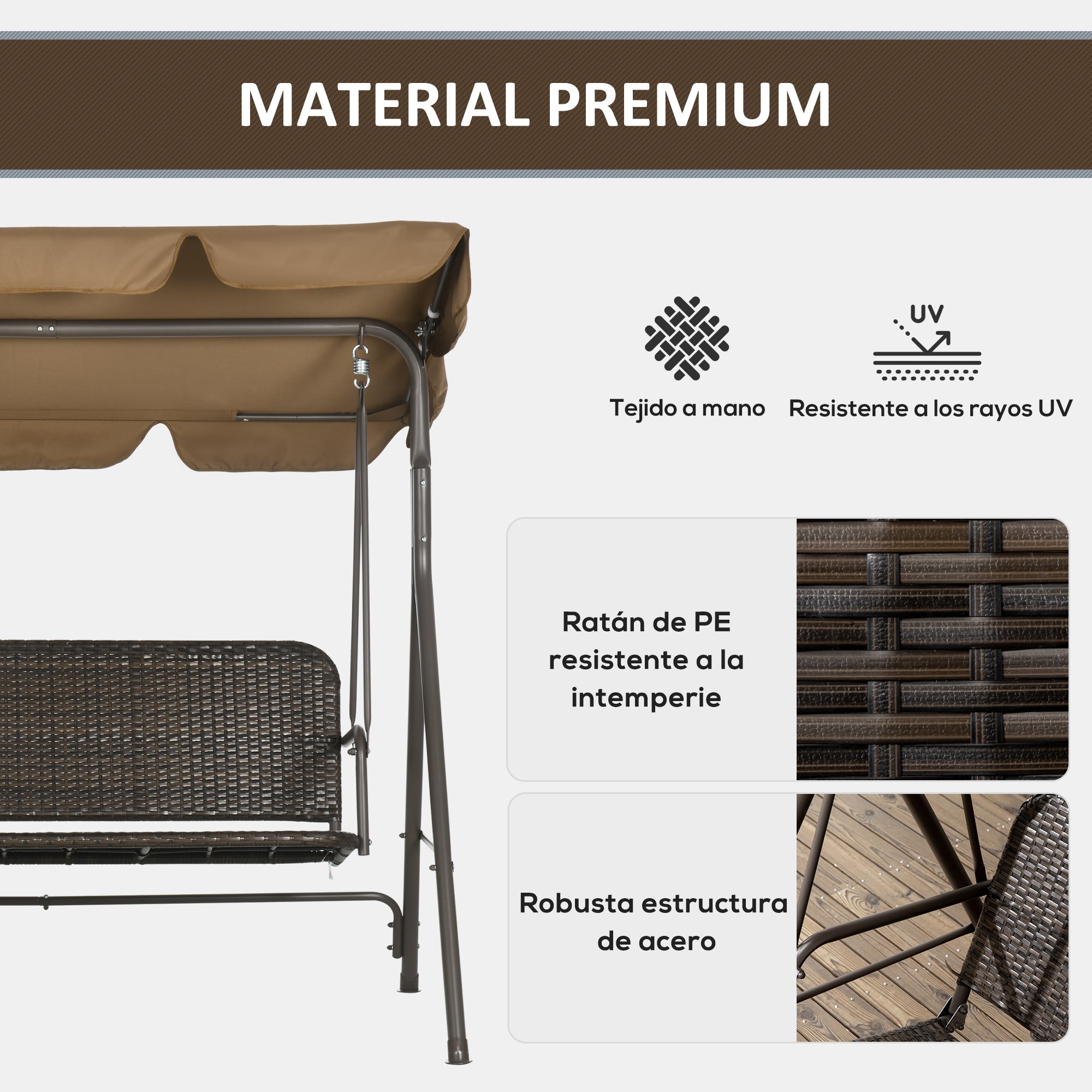 Outsunny Columpio de Jardín Exterior de 3 Plazas Balancín de Jardín Exterior con Toldo Ajustable Asiento de Ratán PE y Reposabrazos para Balcón Terraza Patio Carga 240 kg 167x112x153 cm Marrón