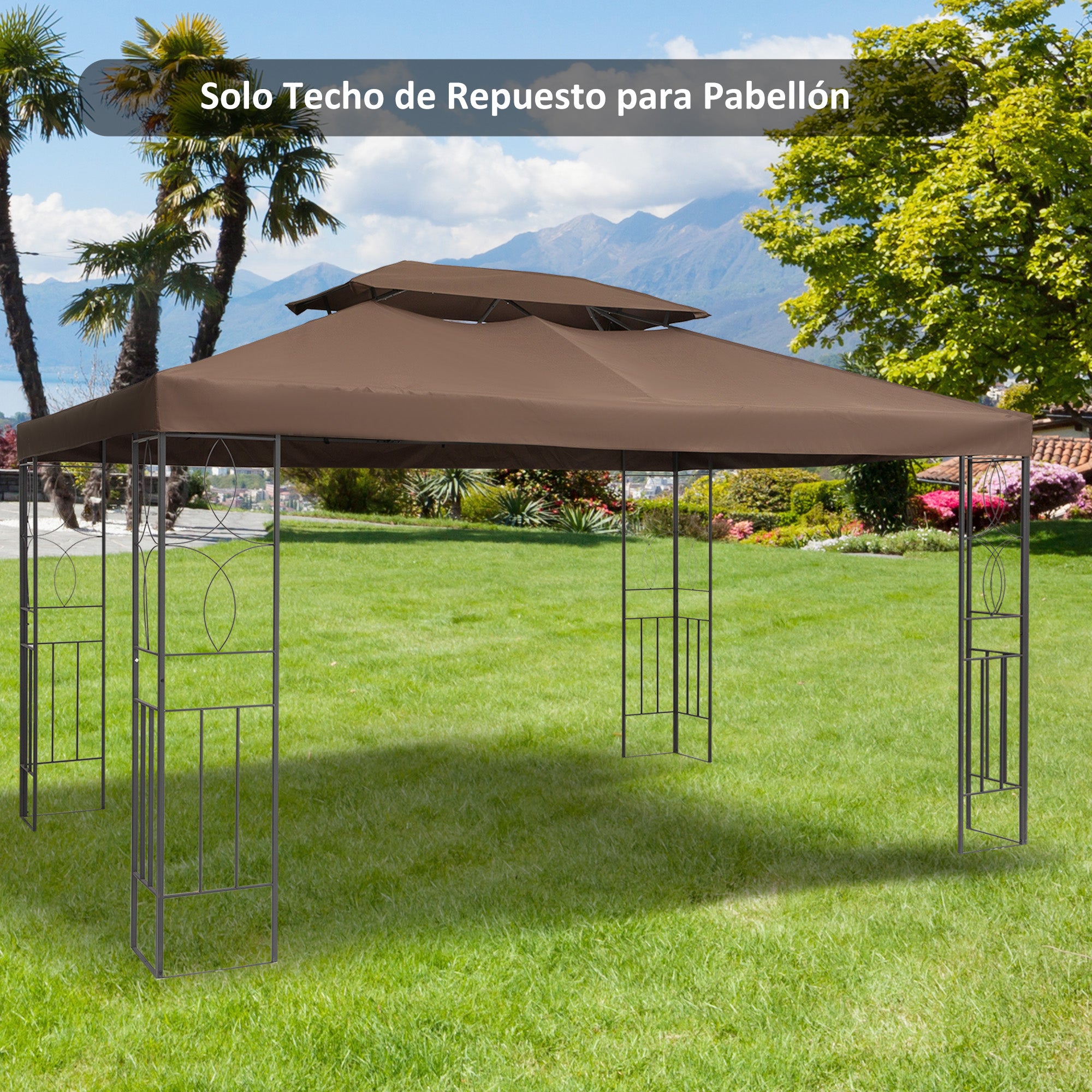 Outsunny Techo de Repuesto para Cenador 4x3 m Cubierta de Repuesto con Techo Doble 10 Orificios de Drenaje y Protección UV Toldo de Recambio para Pabellón Gazebo Marrón