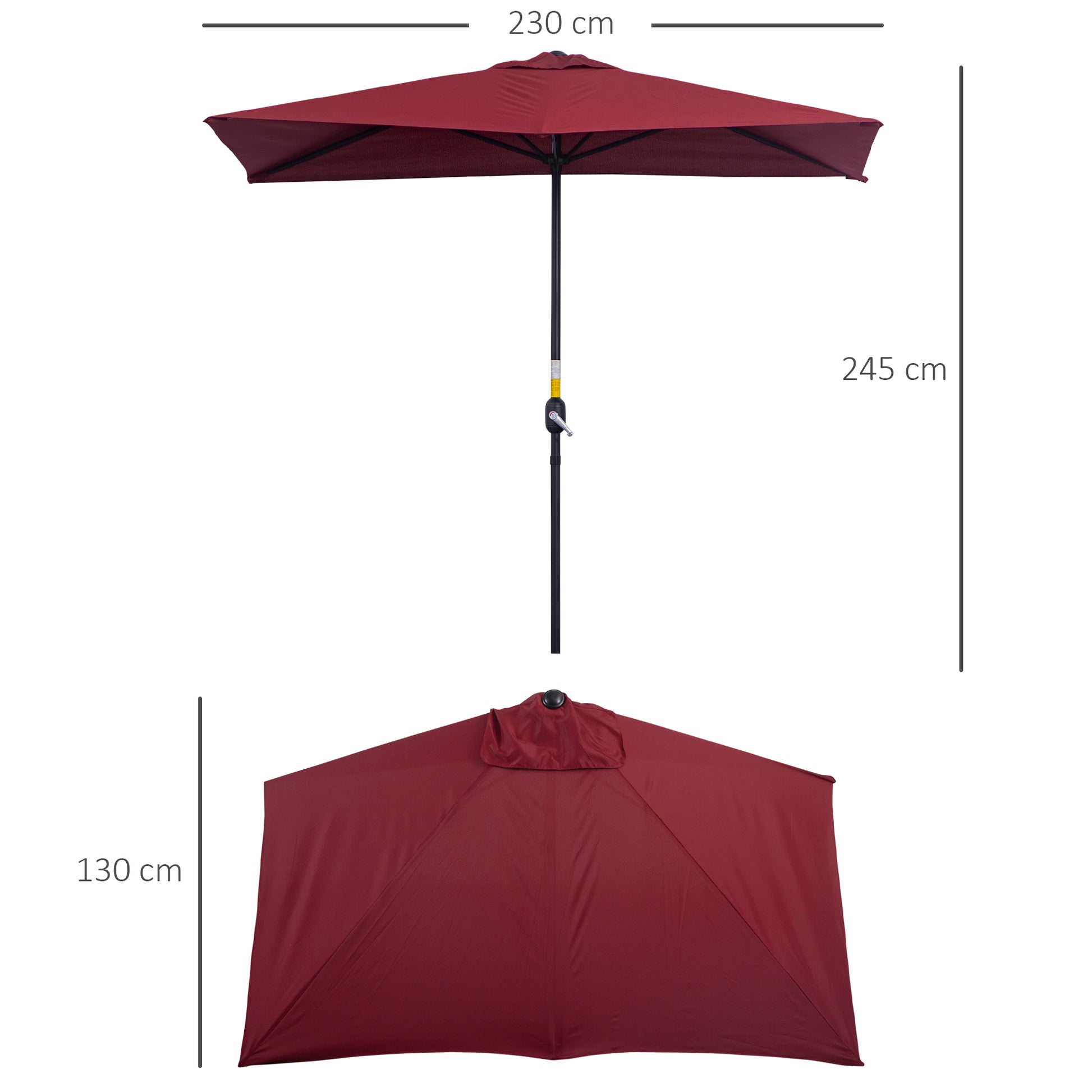 Outsunny Sombrilla Rectangular 230x130x245 cm Parasol para Pared Media Sombrilla con Manivela Protección UV 30+ Impermeable Sombrilla para Balcón Terraza Jardín Rojo