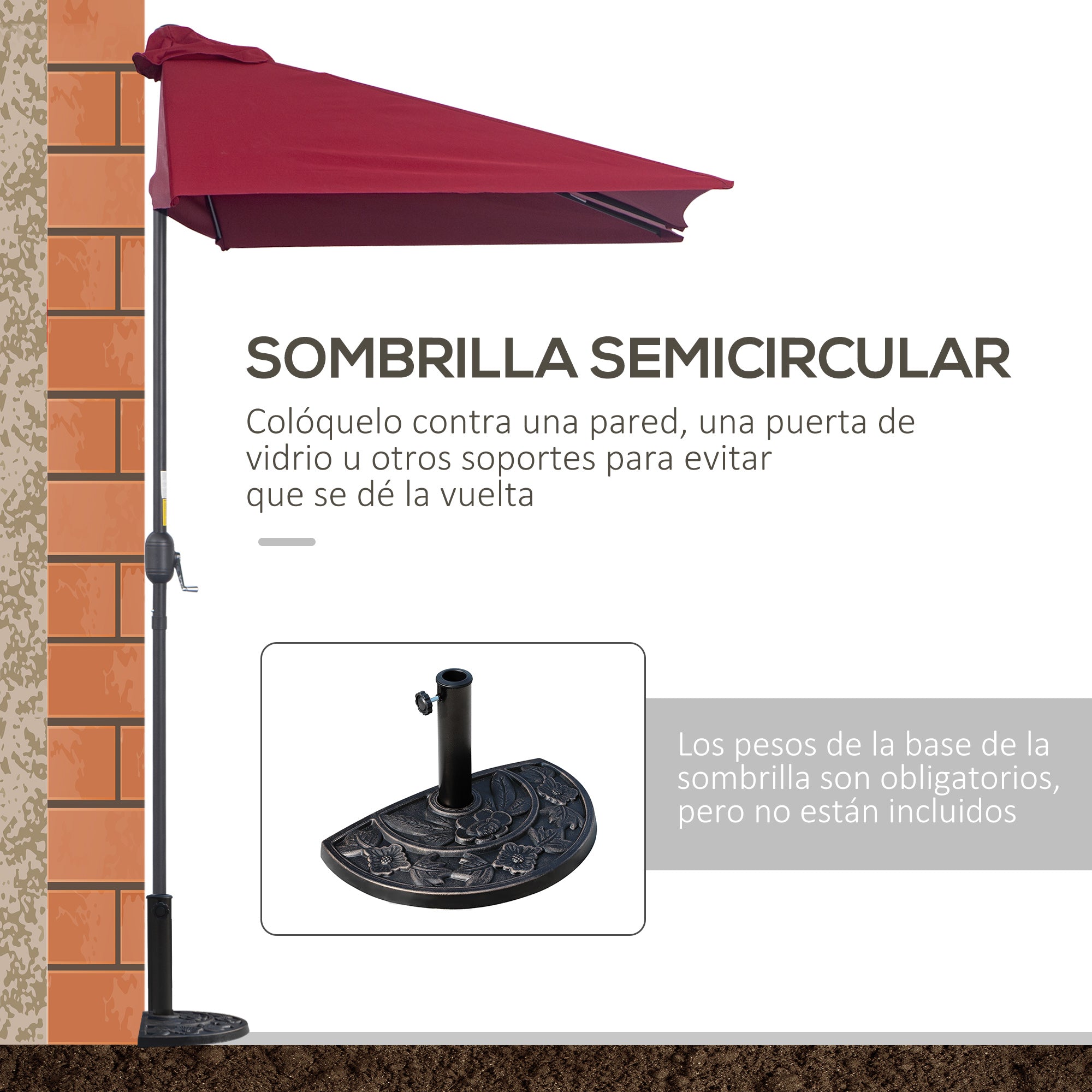 Outsunny Sombrilla Rectangular 230x130x245 cm Parasol para Pared Media Sombrilla con Manivela Protección UV 30+ Impermeable Sombrilla para Balcón Terraza Jardín Rojo
