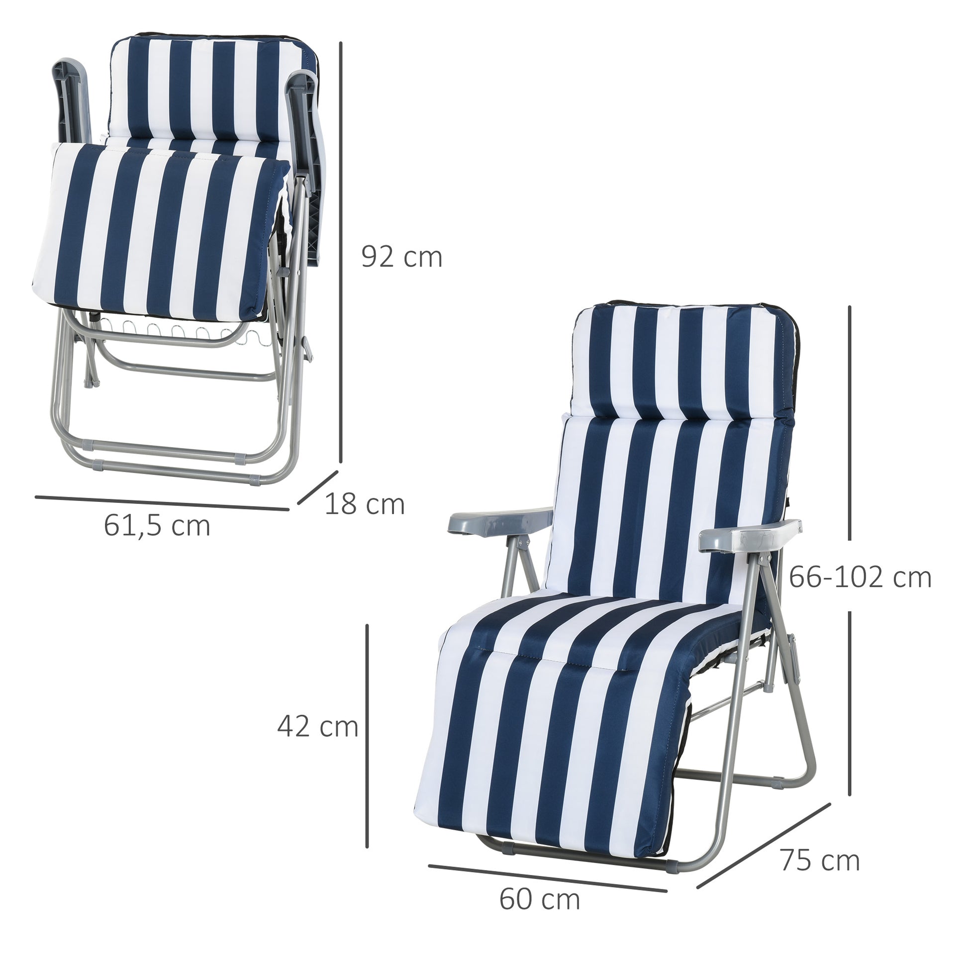 Outsunny Conjunto de 2 Tumbonas Plegables Tumbonas de Jardín de Acero con Cojín Acolchado Respaldo Regulable en 5 Posiciones y Reposapiés 60x75x66-102 cm Azul y Blanco