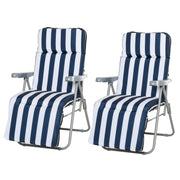 Outsunny Conjunto de 2 Tumbonas Plegables Tumbonas de Jardín de Acero con Cojín Acolchado Respaldo Regulable en 5 Posiciones y Reposapiés 60x75x66-102 cm Azul y Blanco