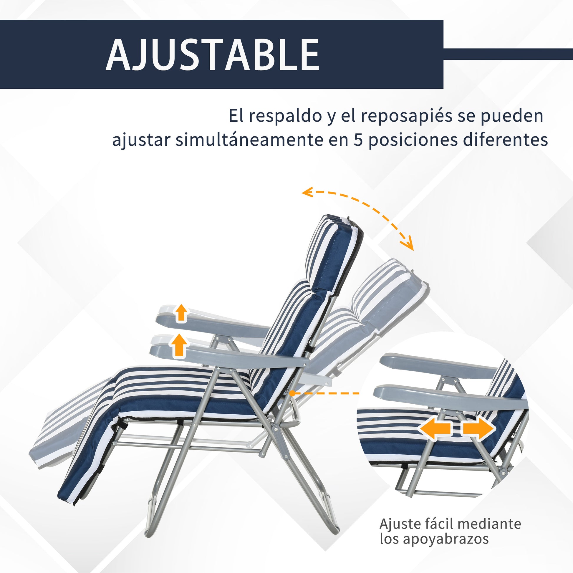 Outsunny Conjunto de 2 Tumbonas Plegables Tumbonas de Jardín de Acero con Cojín Acolchado Respaldo Regulable en 5 Posiciones y Reposapiés 60x75x66-102 cm Azul y Blanco