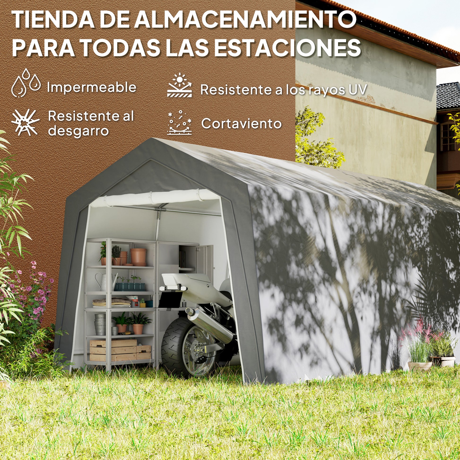 Outsunny Cobertizo Jardín Exterior 300x597x257 cm Carpa con Puerta Enrollable con Cremallera Impermeable Tienda de Almacenamiento en Garaje Exterior para Motos Bicicletas Herramientas de Jardín Gris