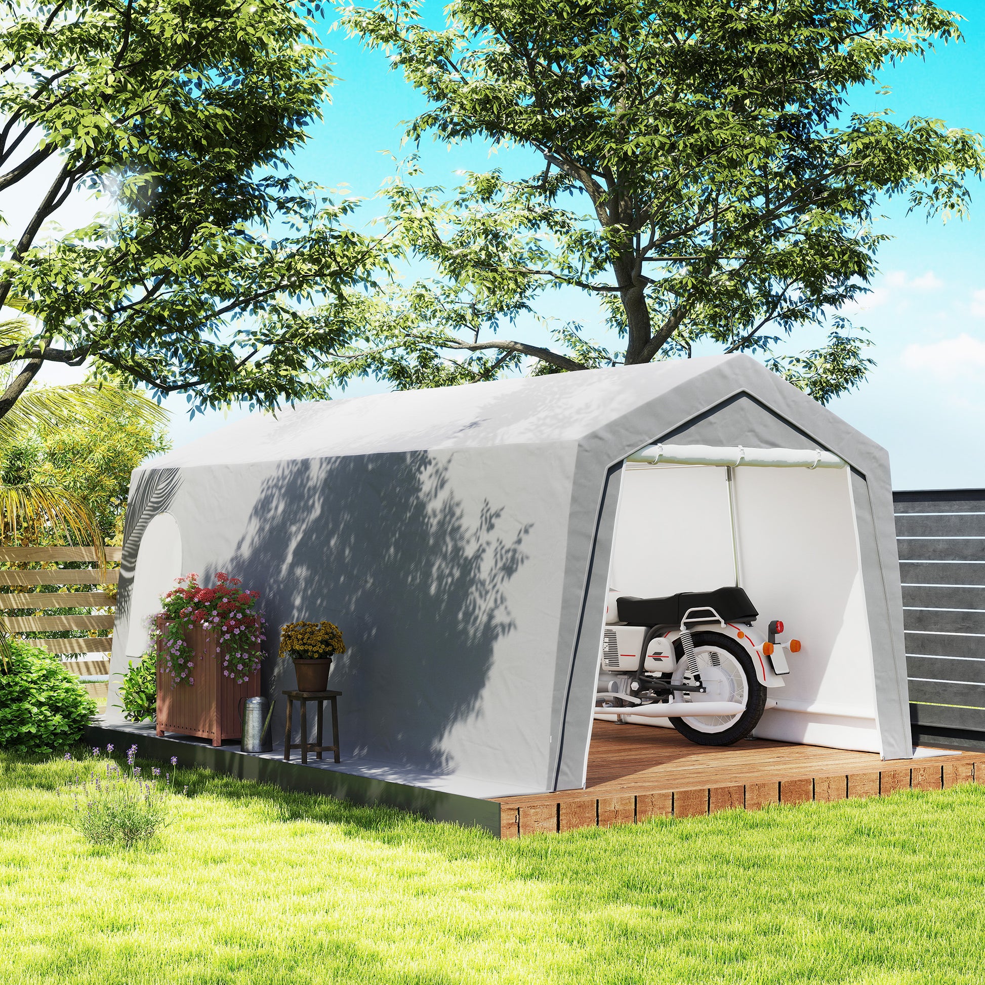 Outsunny Cobertizo Jardín Exterior 300x597x257 cm Carpa con Puerta Enrollable con Cremallera Impermeable Tienda de Almacenamiento en Garaje Exterior para Motos Bicicletas Herramientas de Jardín Gris
