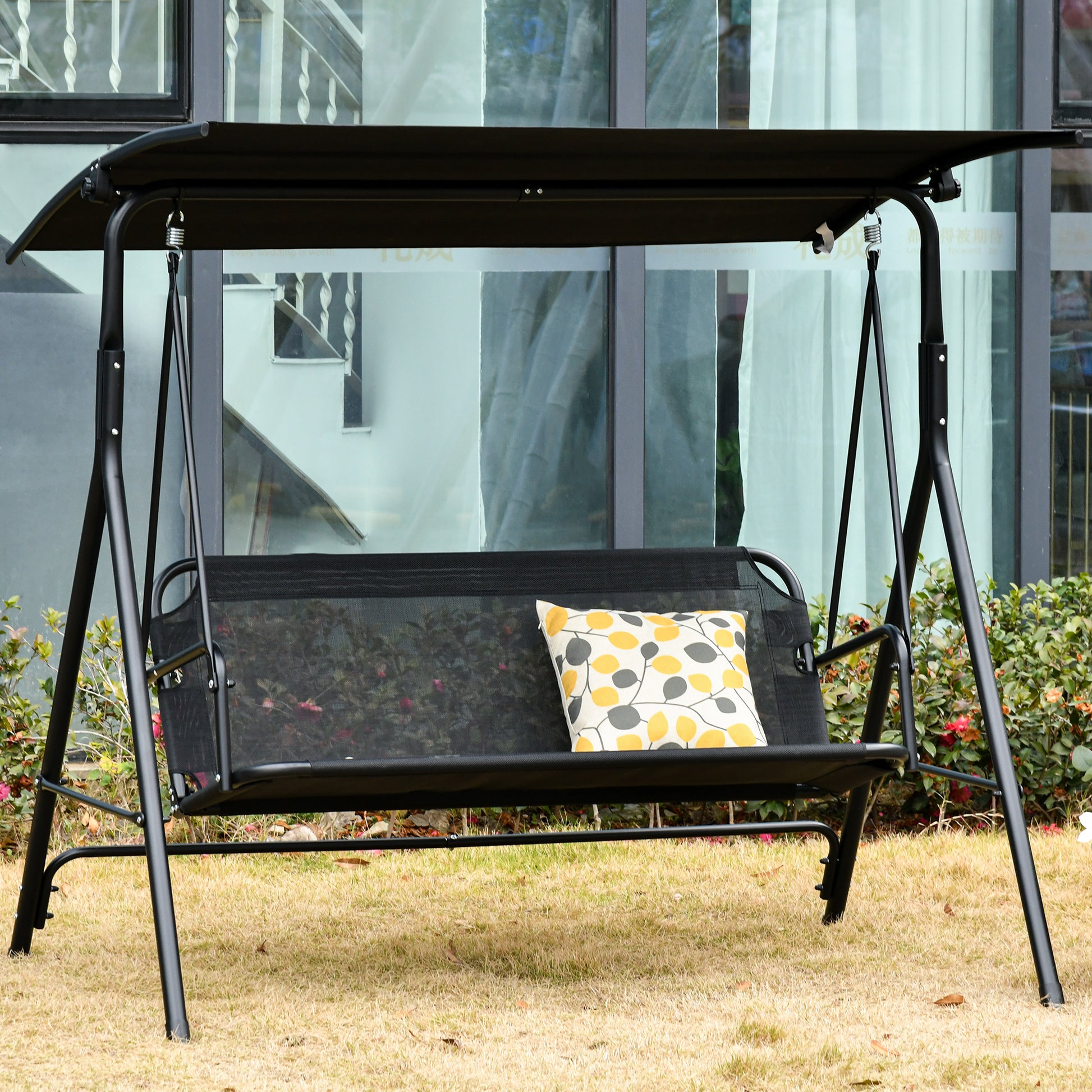 Outsunny Columpio de Jardín de Exterior de 2 Plazas Silla Balancín con Parasol Techo Ajustable en Ángulo Terraza Balcón Exterior Carga 200 kg 172x110x155 cm Negro
