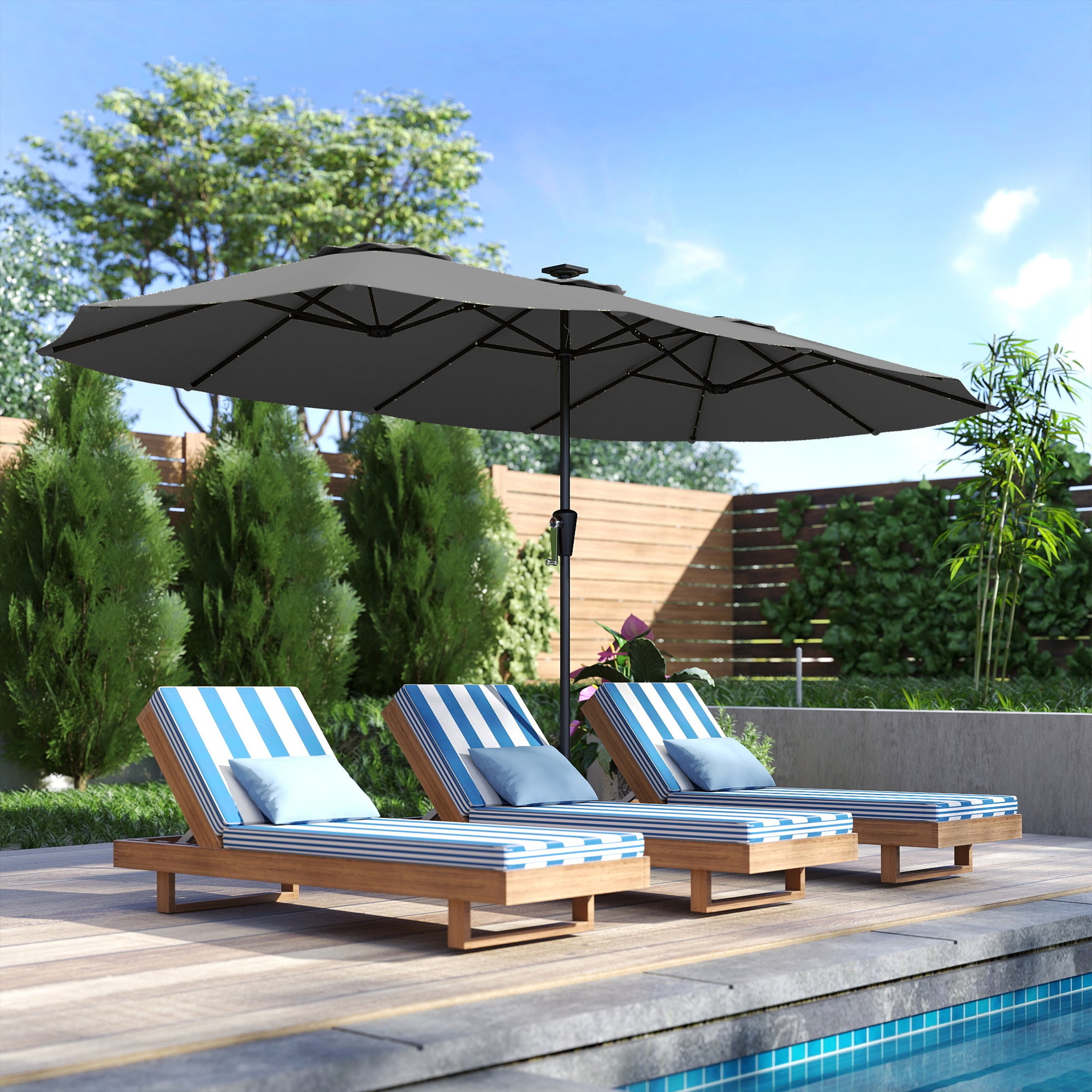 Outsunny Sombrilla Doble con 36 Luces LED Solares, 4x2 m, Sombrilla Terraza Exterior con Manivela, UPF50+, 12 Varillas, Resistente al Agua, Parasol para Jardín, Terraza, Patio, Gris Oscuro