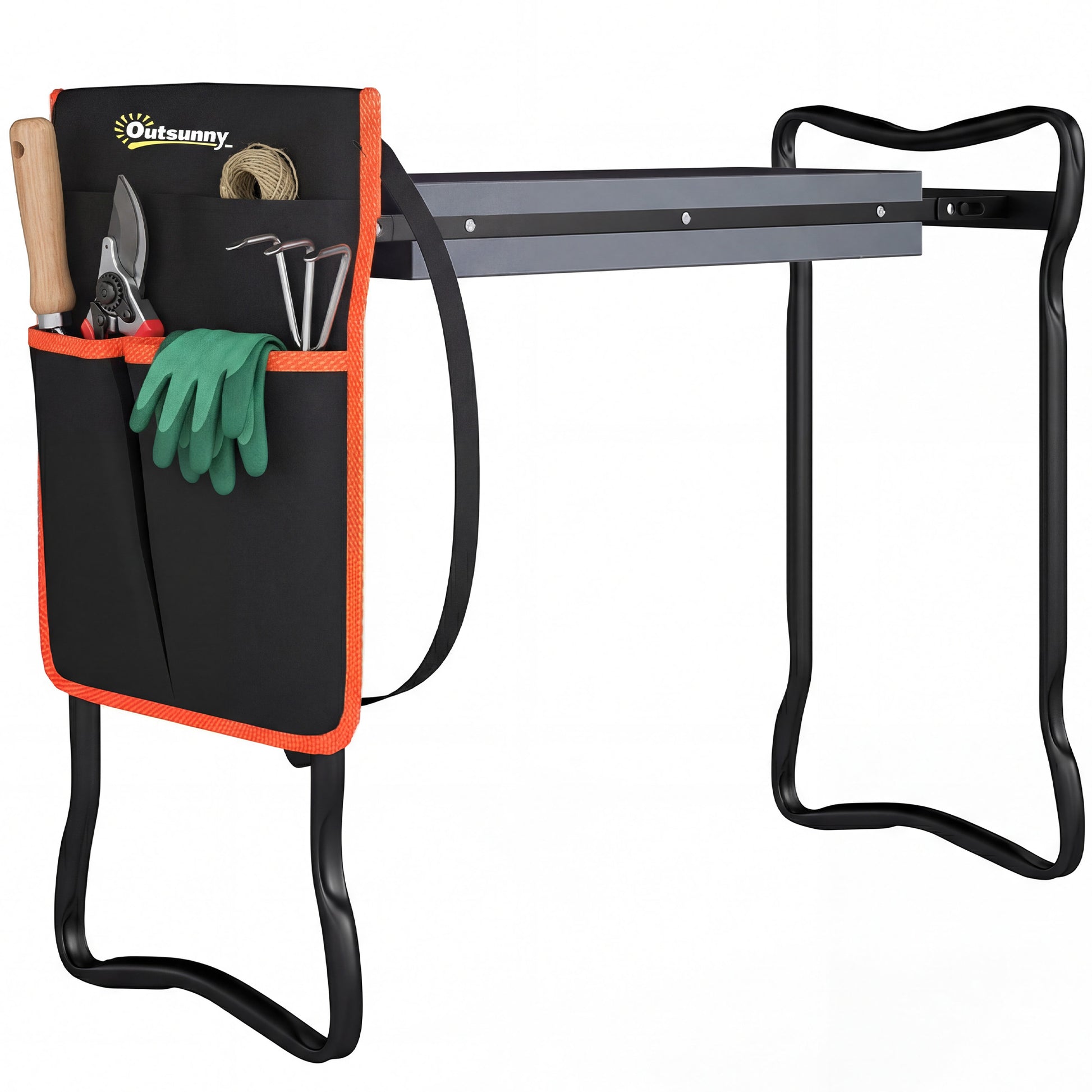 Outsunny Taburete de Jardín Plegable con Almohadilla de Espuma EVA, Asiento de Jardín Portátil con Bolsa para Herramientas en Cintura, Carga 150 kg, Regalo para Jardineros, Ancianos, Negro