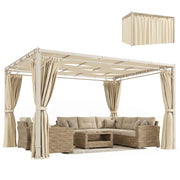 Outsunny Pérgola de Jardín 3x4 m, Cenador de Jardín con Techo Ondulado, 4 Cortinas Extraíbles, Protección UPF50+ y Estructura de Acero Resistente, Pabellón para Exterior, Patio, Terraza, Beige