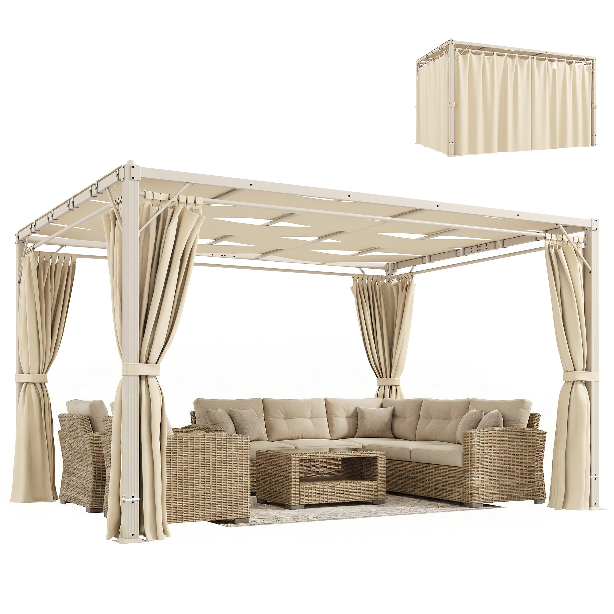 Outsunny Pérgola de Jardín 3x4 m, Cenador de Jardín con Techo Ondulado, 4 Cortinas Extraíbles, Protección UPF50+ y Estructura de Acero Resistente, Pabellón para Exterior, Patio, Terraza, Beige