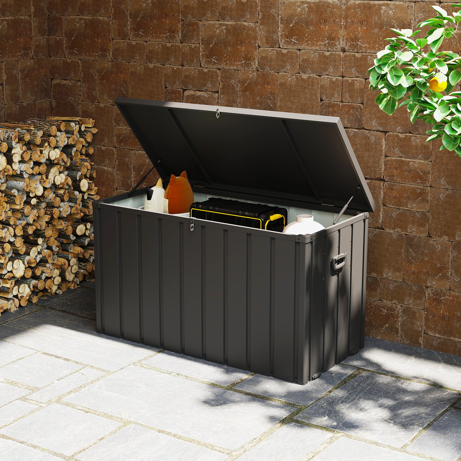 Outsunny Arcón Exterior Capacidad 450L, Baúl Almacenaje Exterior de Acero con 4 Ruedas, 2 Asas y Tapa Bloqueable, Resistente a la Intemperie, para Jardín, Terraza, Patio, 125,5x61,5x70 cm, Gris Oscuro