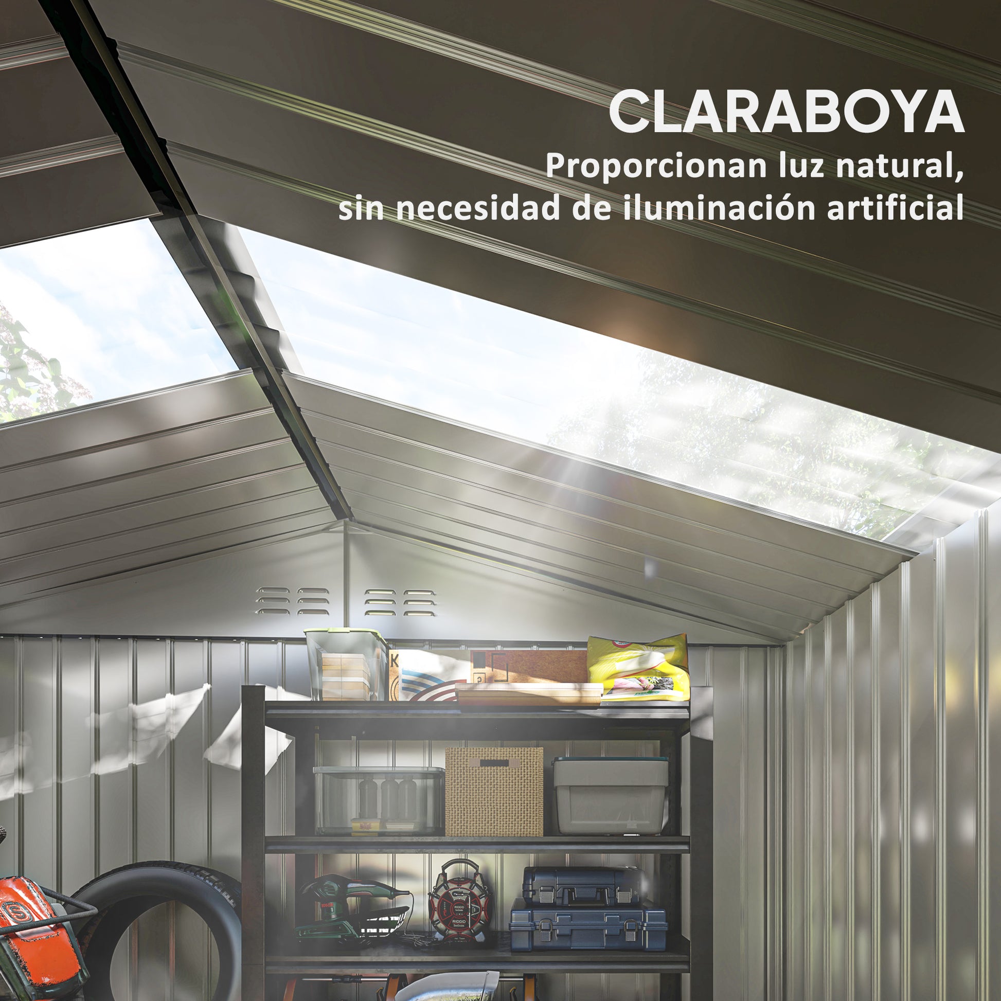 Outsunny Caseta de Jardín Exterior, 4,9 m², 277x195x192 cm, Cobertizo de Jardín Exterior Metálico con Claraboya de Fibra de Vidrio, Puerta Corredera, Ventilación y Kit de Fundación, Gris Oscuro