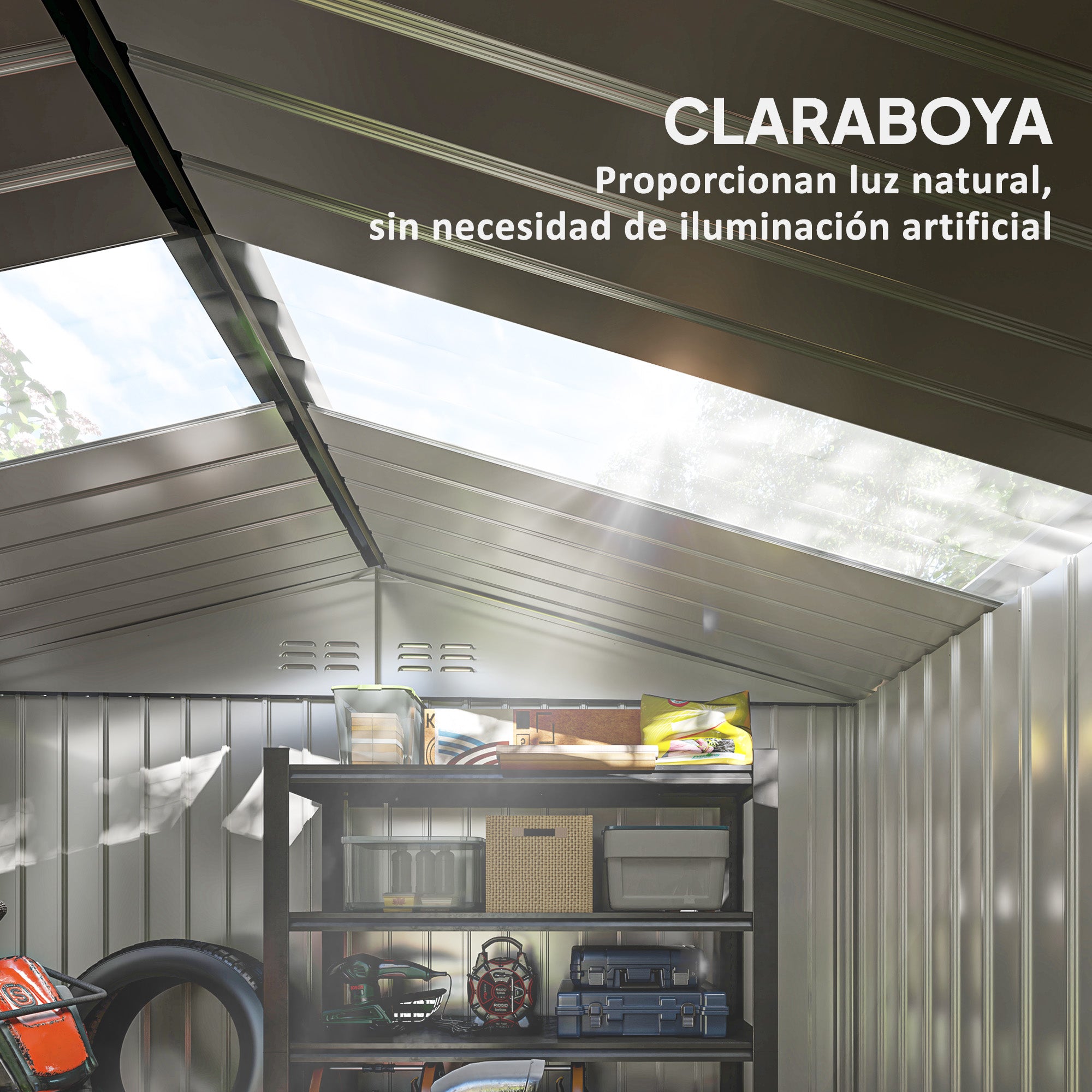 Outsunny Caseta de Jardín Exterior, 4,9 m², 277x195x192 cm, Cobertizo de Jardín Exterior Metálico con Claraboya de Fibra de Vidrio, Puerta Corredera, Ventilación y Kit de Fundación, Gris Oscuro