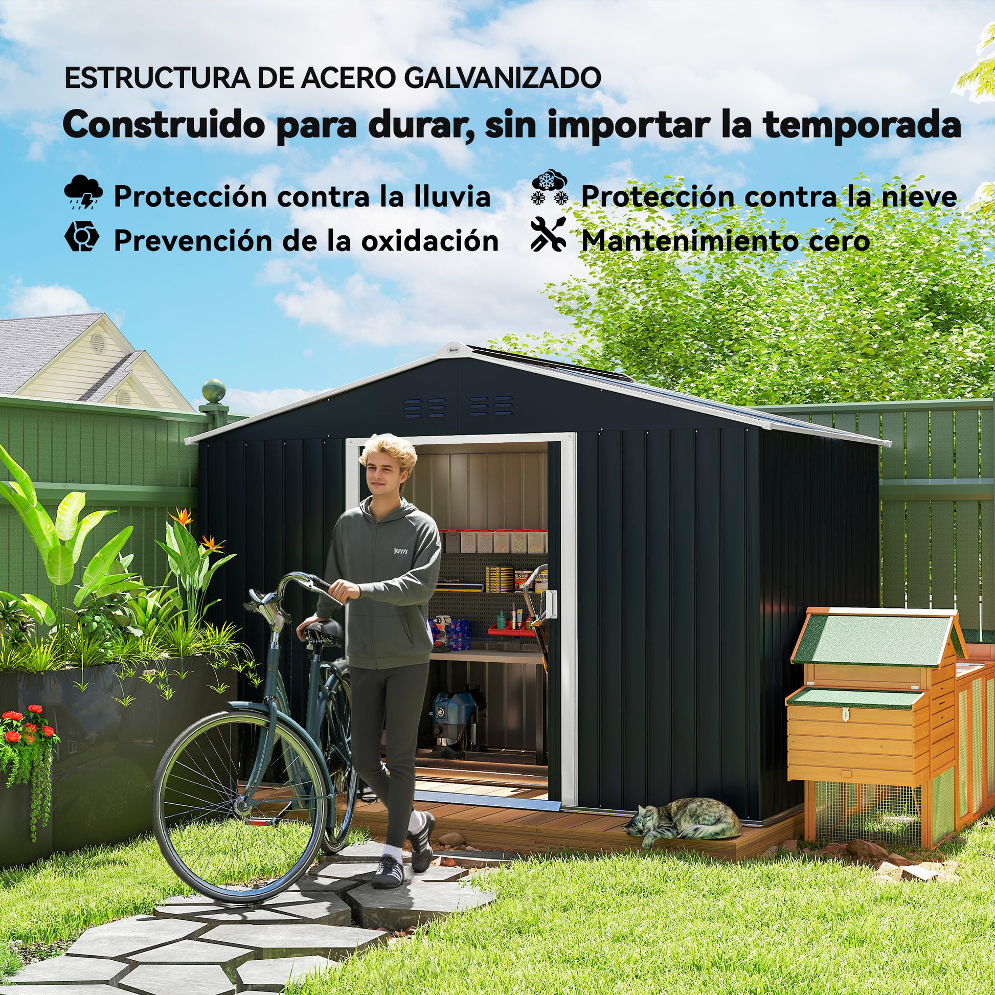 Outsunny Caseta de Jardín Exterior, 4,9 m², 277x195x192 cm, Cobertizo de Jardín Exterior Metálico con Claraboya de Fibra de Vidrio, Puerta Corredera, Ventilación y Kit de Fundación, Gris Oscuro