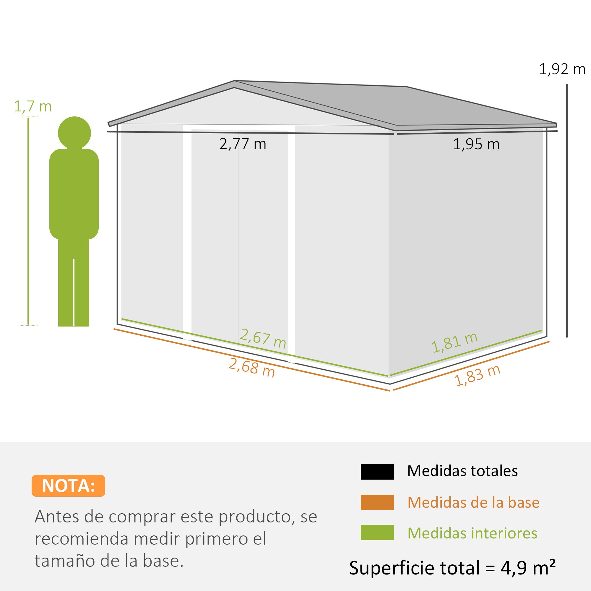 Outsunny Caseta de Jardín Exterior, 4,9 m², 277x195x192 cm, Cobertizo de Jardín Exterior Metálico con Claraboya de Fibra de Vidrio, Puerta Corredera, Ventilación y Kit de Fundación, Gris Oscuro