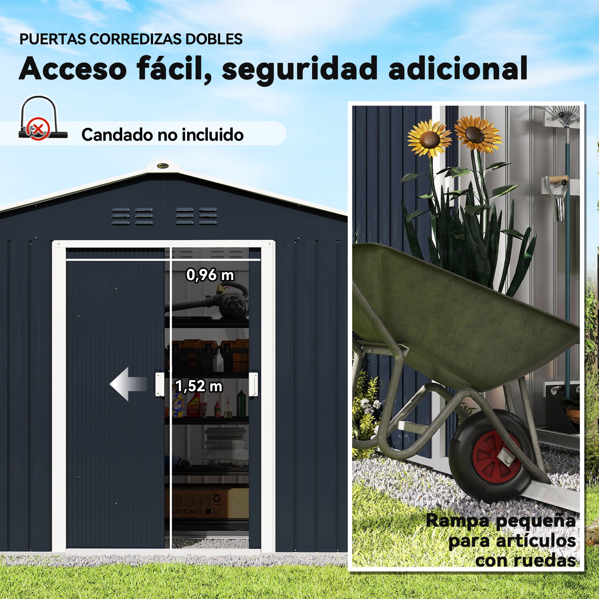 Outsunny Caseta de Jardín Exterior, 4,9 m², 277x195x192 cm, Cobertizo de Jardín Exterior Metálico con Claraboya de Fibra de Vidrio, Puerta Corredera, Ventilación y Kit de Fundación, Gris Oscuro