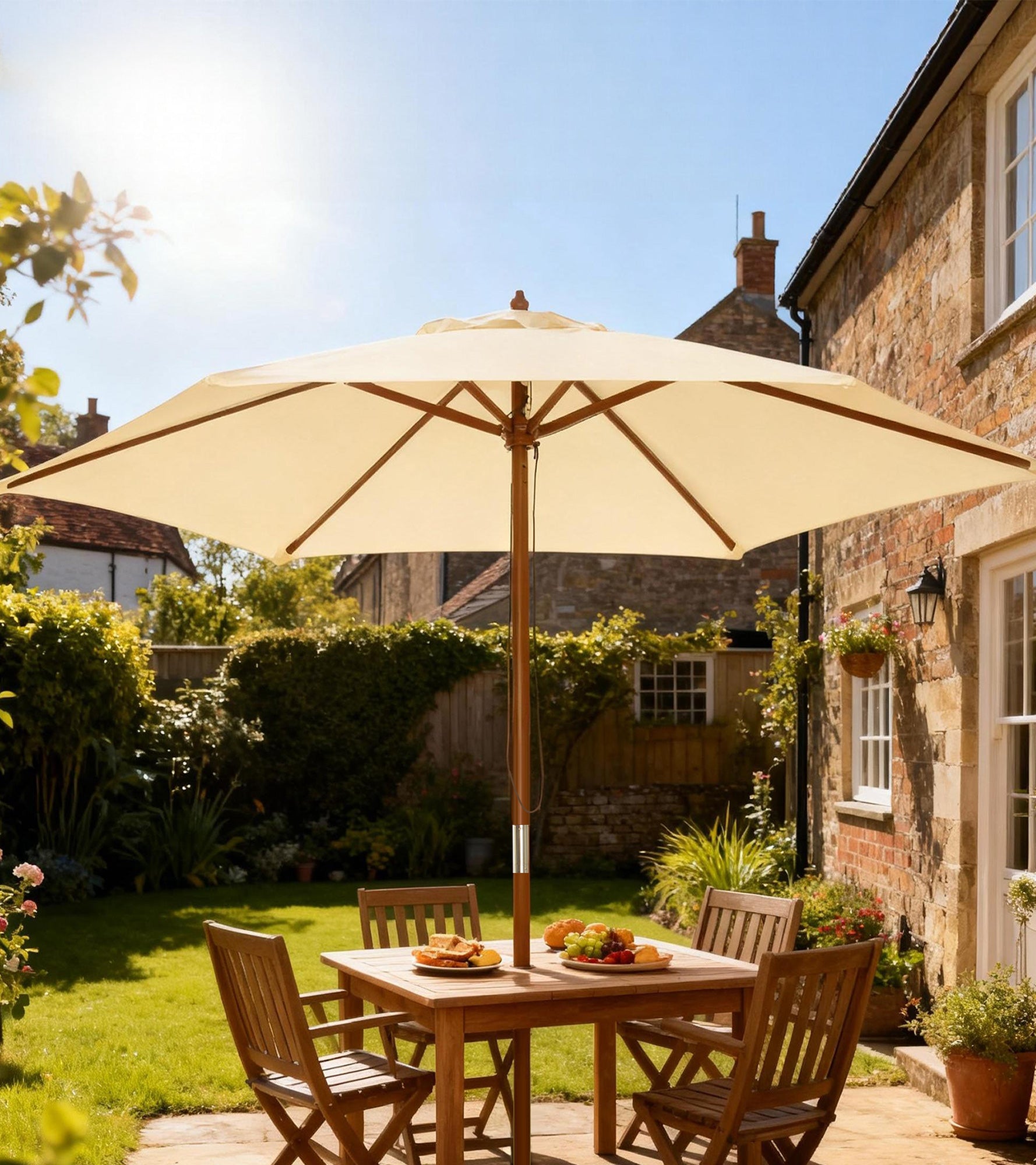 Outsunny Sombrilla de Jardín Ø250x230 cm Parasol de Terraza con 6 Varillas Poste Desmontable Anti-UV Impermeable y Marco de Madera para Playa Patio Crema