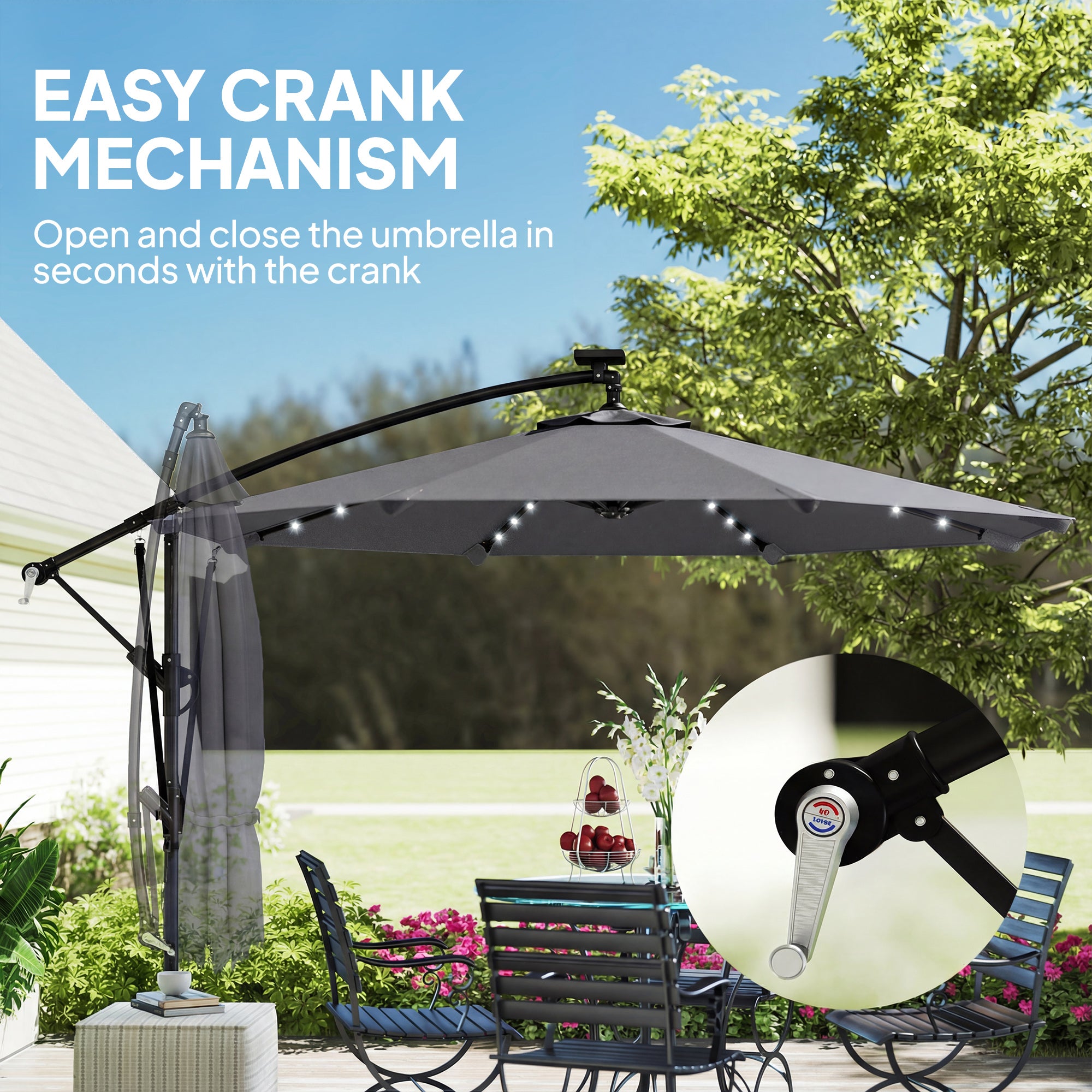 Outsunny Parasol Excéntrico con Luces LED Solares, Ø330 cm, Sombrilla de Jardín con Base Cruzada, Manivela, Funda Protectora y Cuerda de Viento, Anti-UV 50+, para Terraza, Patio, Gris Oscuro