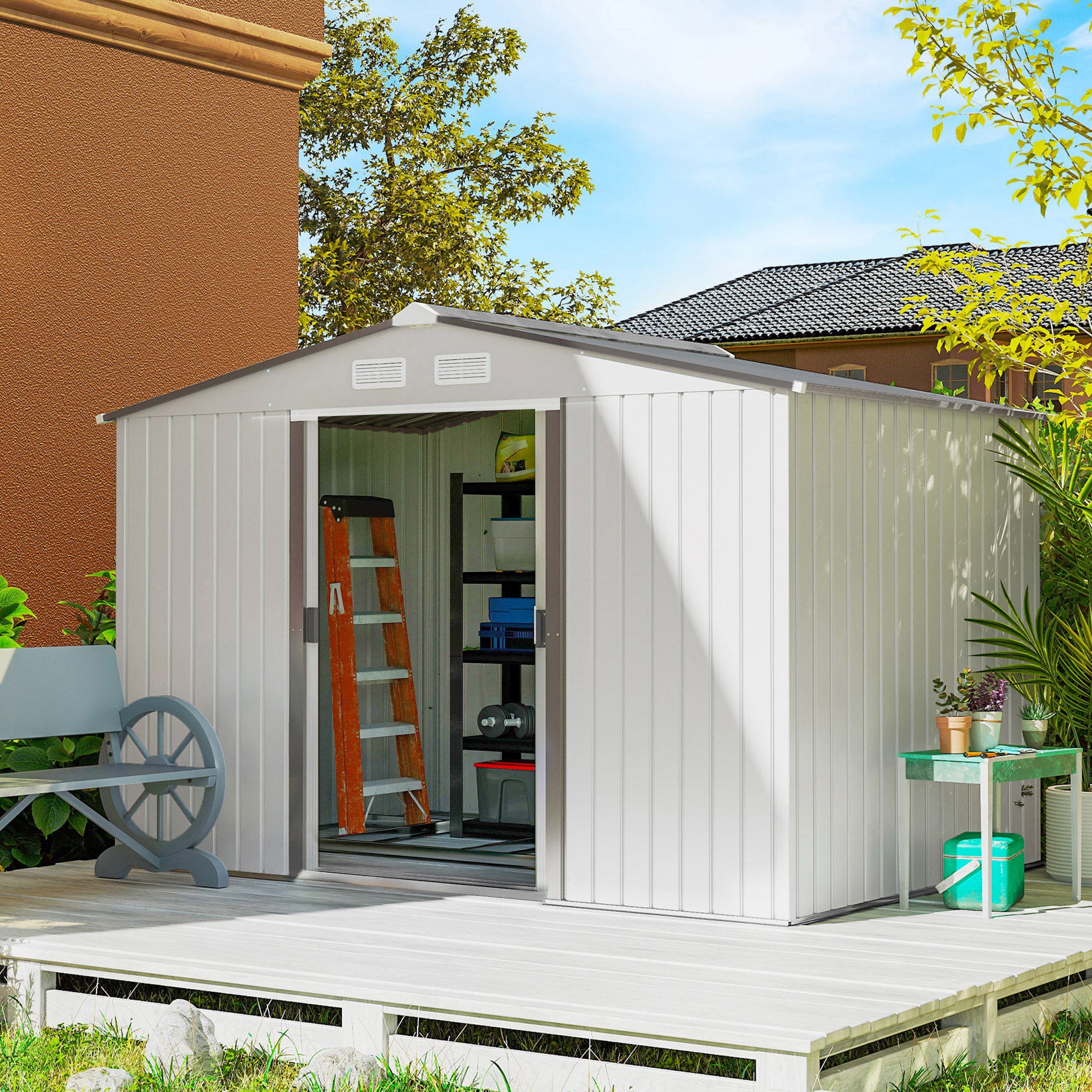 Outsunny Caseta de Jardín Exterior 4,9 m², 277x195x192 cm, Cobertizo de Jardín Exterior Metálico con Puerta Corredera, Ventilación y Kit de Fundación, para Almacenamiento de Herramientas, Plata