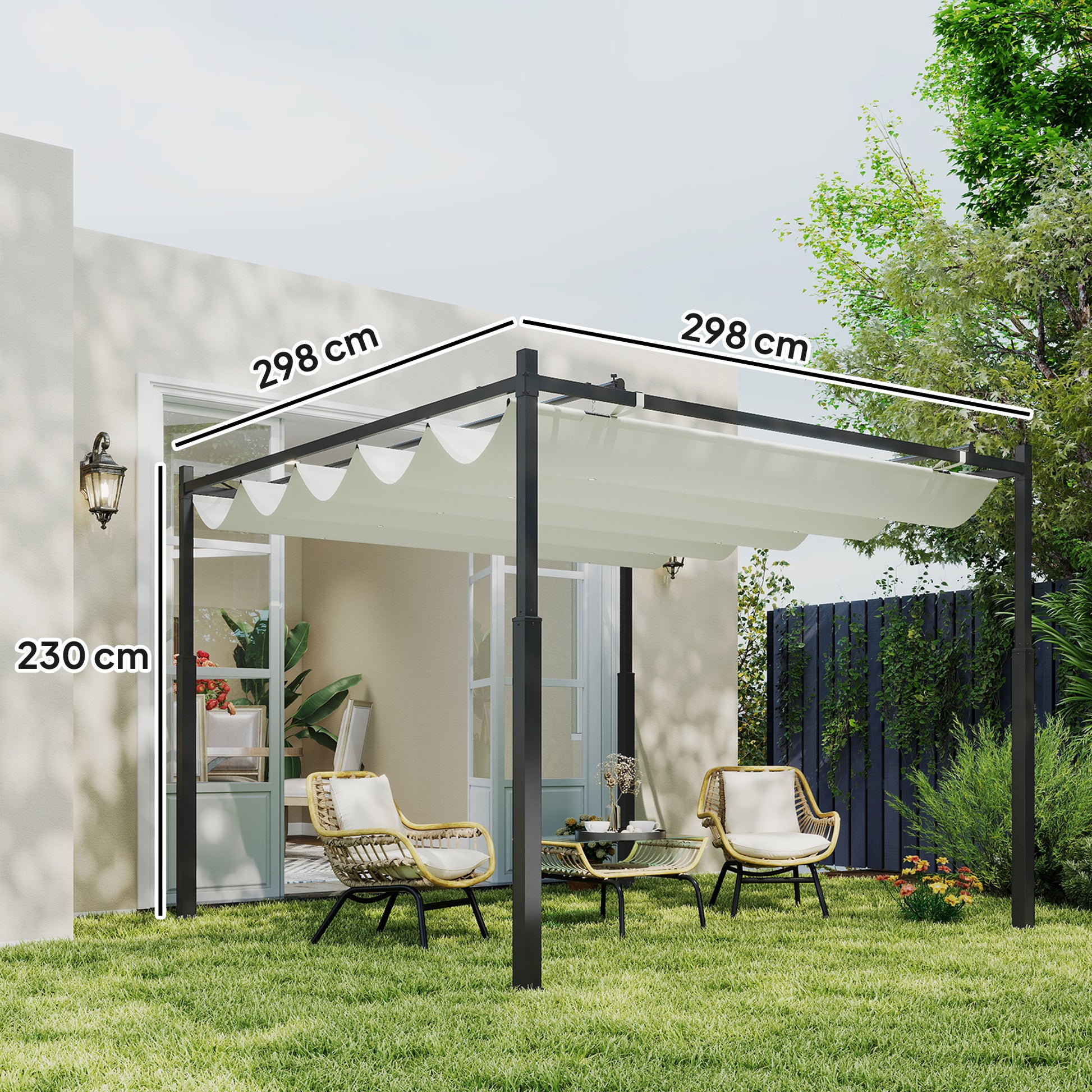 Outsunny Pérgola de Jardín 3x3 m con Techo Retráctil y Accesorio Magnético, Cenador de Jardín con Protección UV30+, Columnas Metálicas y Ganchos, Pabellón para Patio, Terraza, Exterior, Blanco Crema