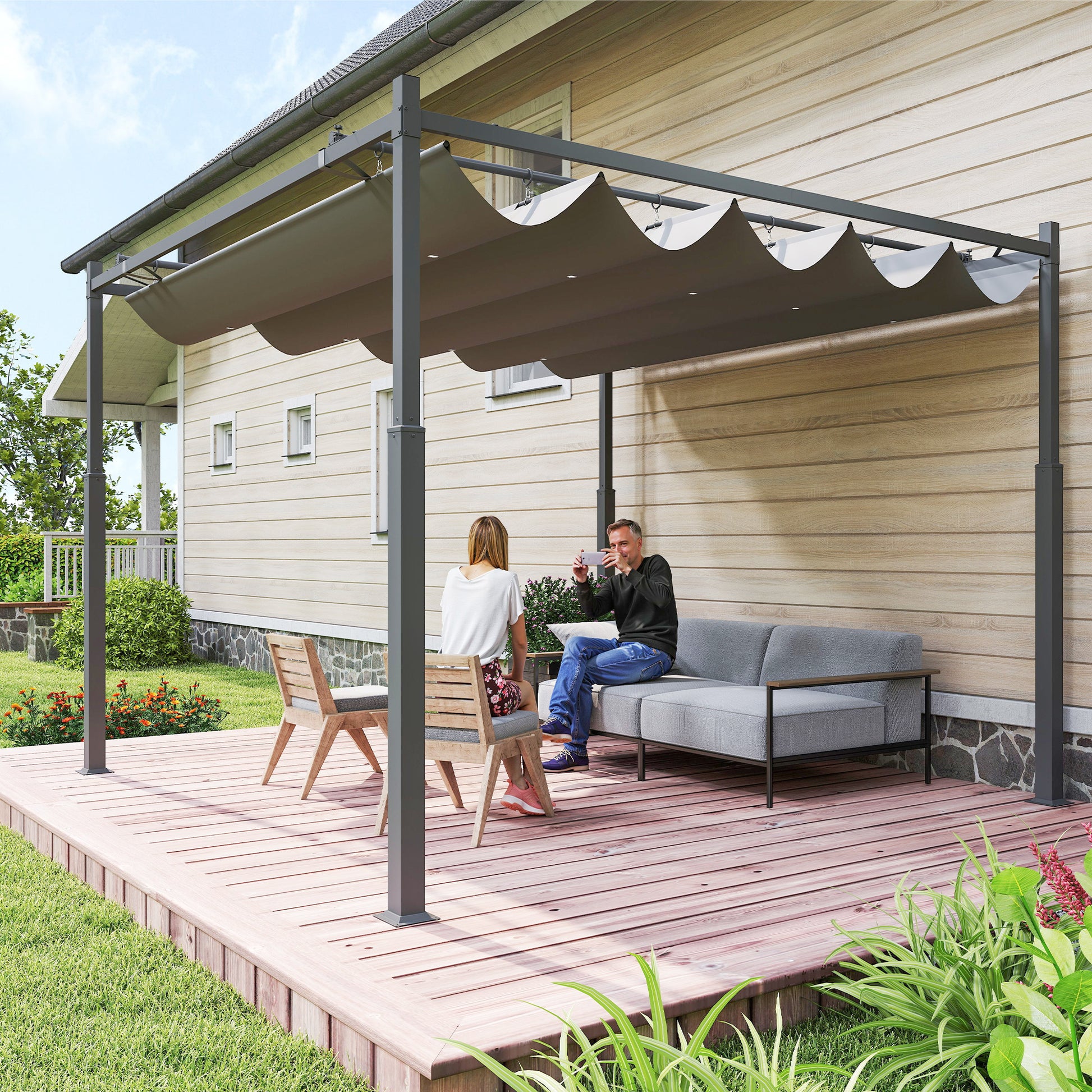 Outsunny Pérgola de Jardín 3x3 m con Techo Retráctil y Accesorio Magnético, Cenador de Jardín con Protección UV30+, Columnas Metálicas y Ganchos, Pabellón para Patio, Terraza, Exterior, Gris