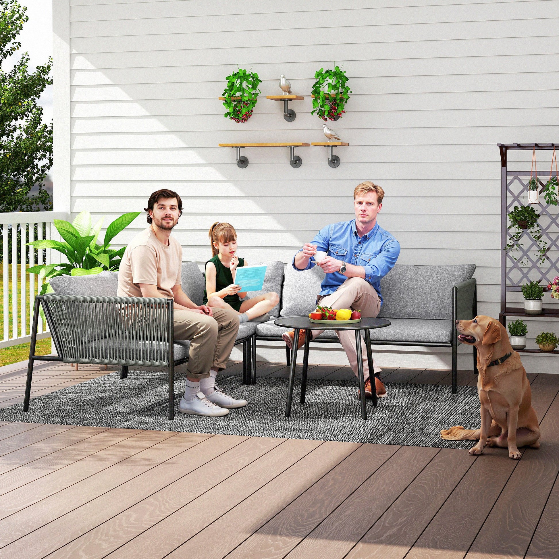 Outsunny Conjunto Jardín Exterior de Ratán con Cojines Conjunto Terraza Resistente a la Intemperie Muebles Jardín Exterior con 2 Sofás de 2 Plazas Sofá Esquina Mesa Redonda Gris Oscuro