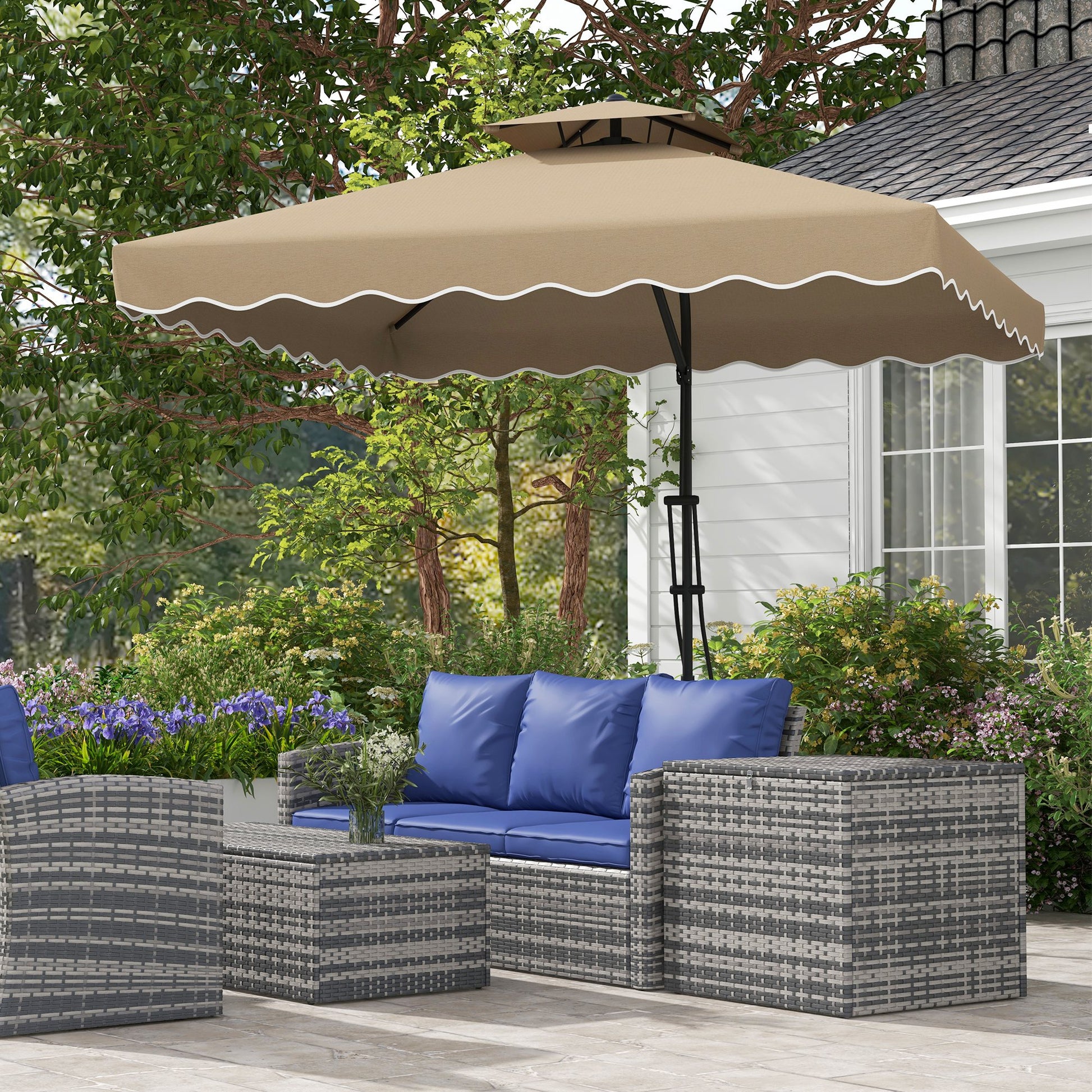 Outsunny Sombrilla Terraza Exterior de 2,5 m Sombrilla Voladiza con Manivela Techo Doble con Borde Ondulado y Base Cruzada Parasol de Jardín para Exterior Patio Terraza Caqui