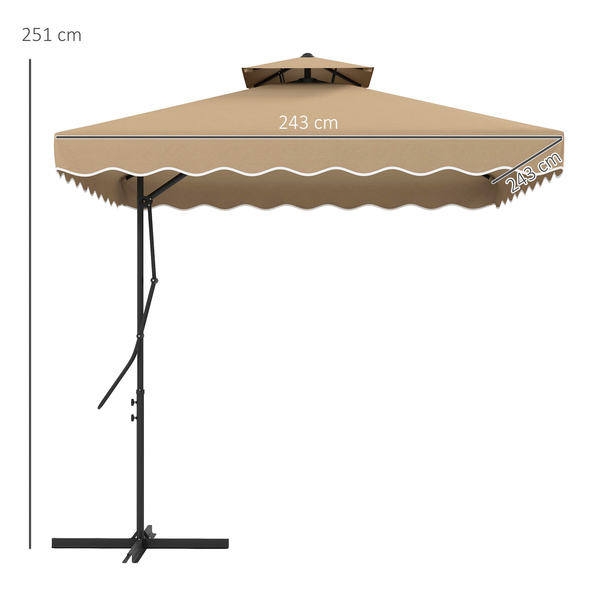 Outsunny Sombrilla Terraza Exterior de 2,5 m Sombrilla Voladiza con Manivela Techo Doble con Borde Ondulado y Base Cruzada Parasol de Jardín para Exterior Patio Terraza Caqui