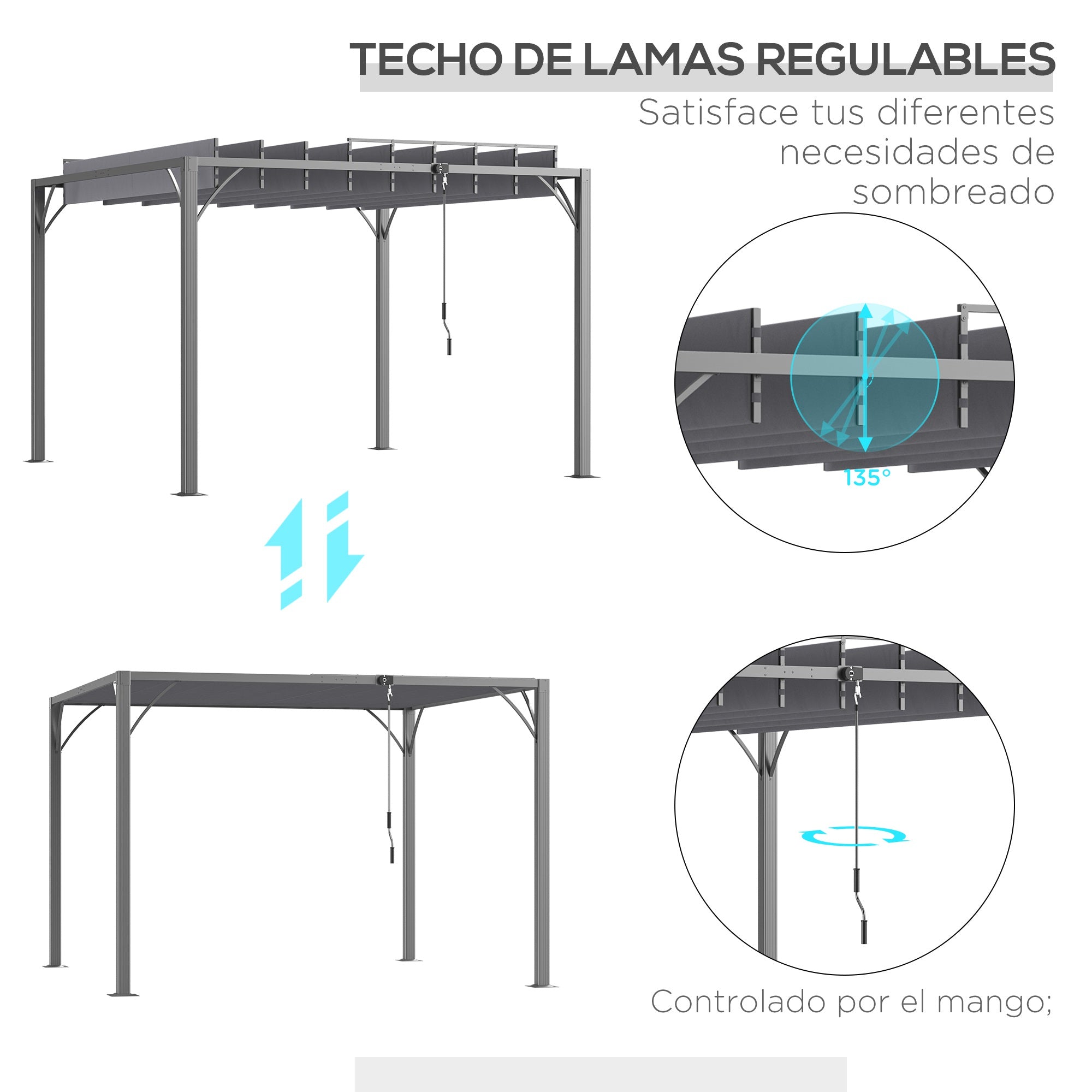Outsunny Cenador de Jardín 3x3 m Pérgola de Aluminio Gazebo con Diseño de Lamas Superior Giratorio hasta 135° y Protección UV 50+ Pabellón para Patio Terraza Balcón Gris