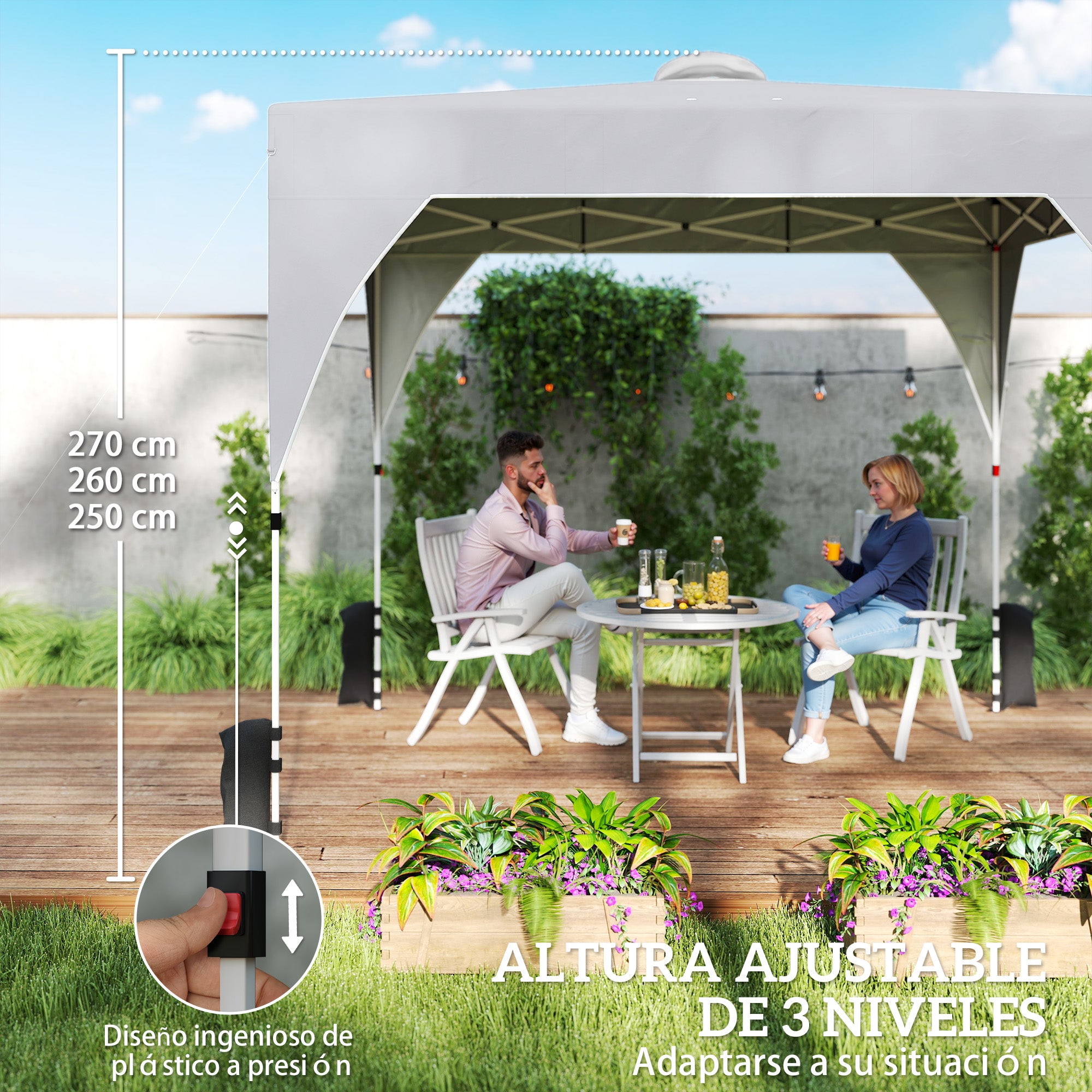 Outsunny Carpa Plegable 3x3 m, Pop-up, Cenador Pabellón de Jardín con Ventilación Superior, Bloqueo Central, UPF50+, Altura Ajustable 3 Niveles, Bolsa Transporte con Ruedas, Sacos de Arena, Gris