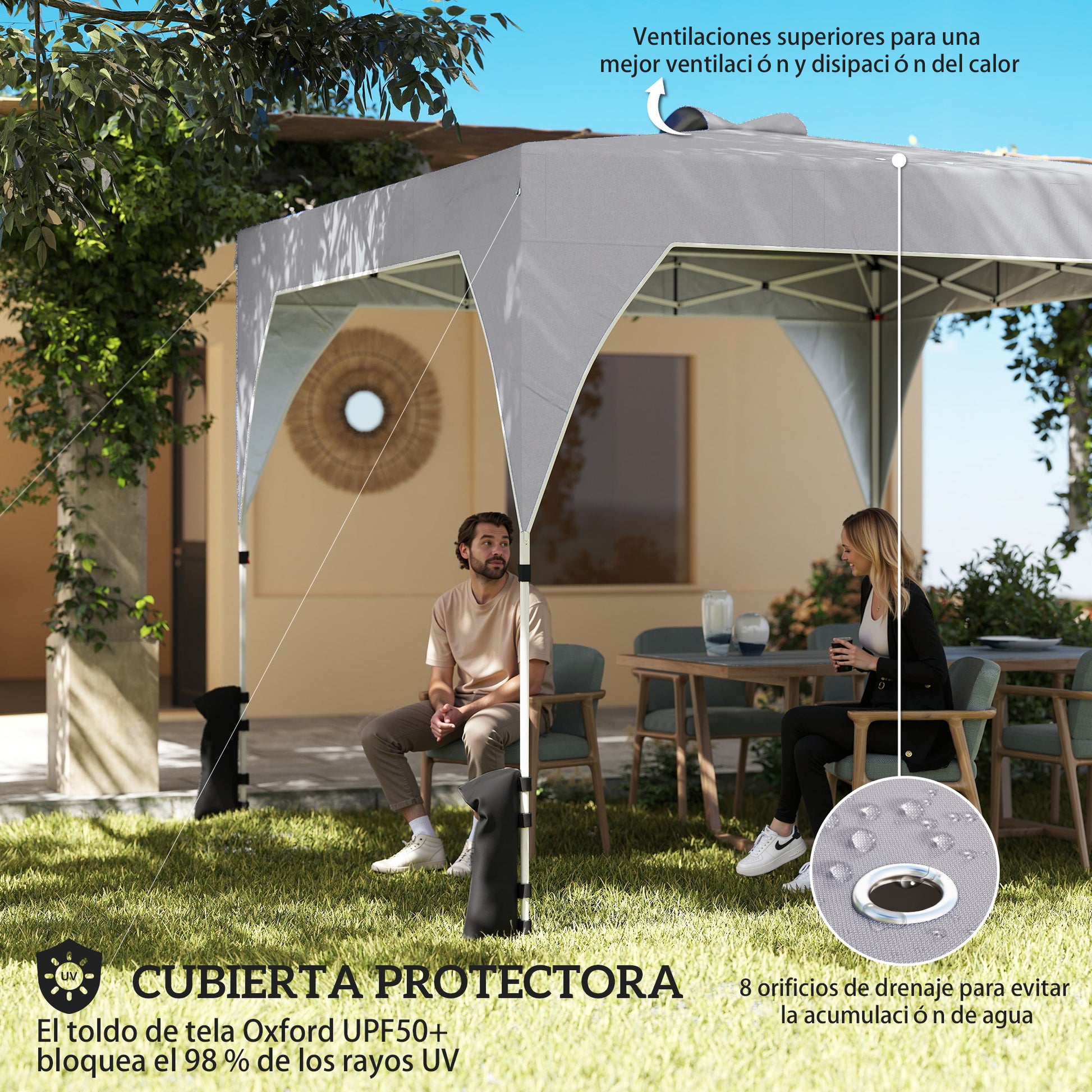 Outsunny Carpa Plegable 3x3 m, Pop-up, Cenador Pabellón de Jardín con Ventilación Superior, Bloqueo Central, UPF50+, Altura Ajustable 3 Niveles, Bolsa Transporte con Ruedas, Sacos de Arena, Gris