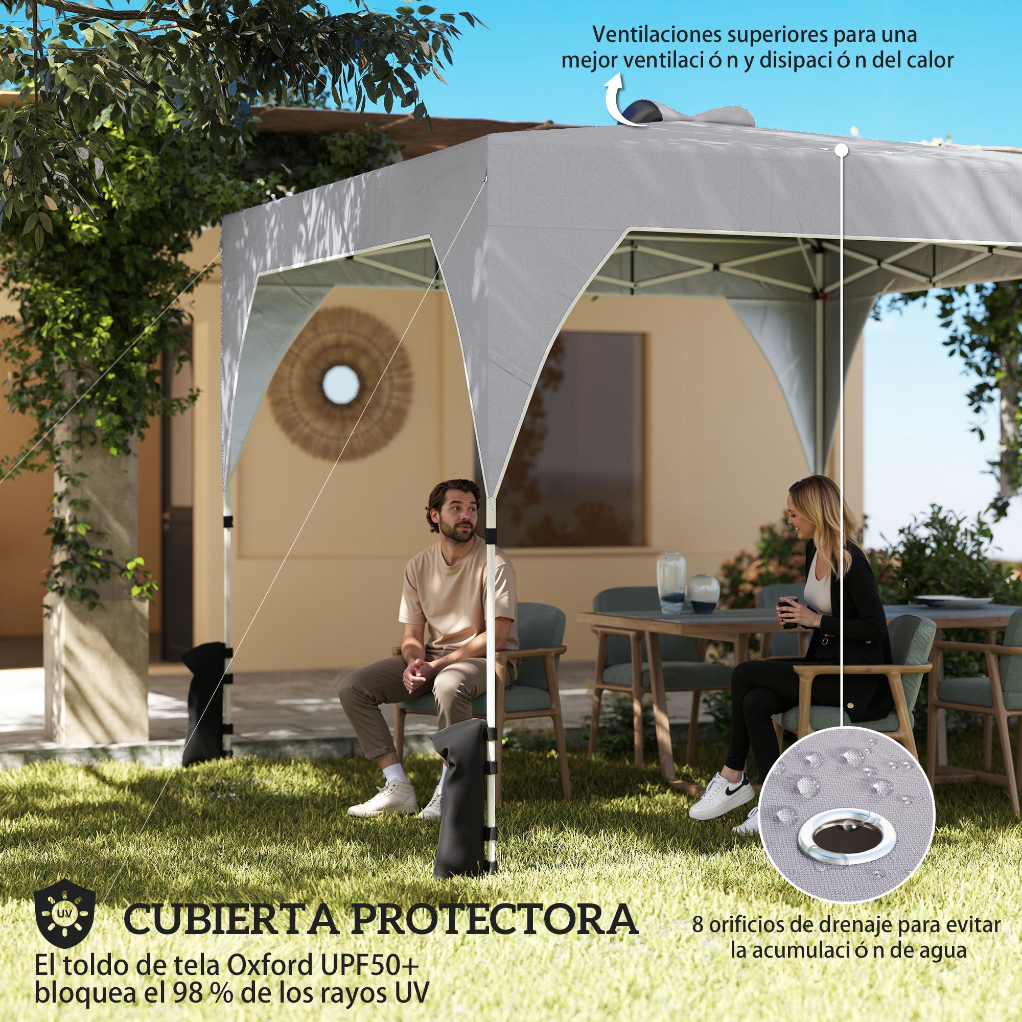 Outsunny Carpa Plegable 3x3 m, Pop-up, Cenador Pabellón de Jardín con Ventilación Superior, Bloqueo Central, UPF50+, Altura Ajustable 3 Niveles, Bolsa Transporte con Ruedas, Sacos de Arena, Gris