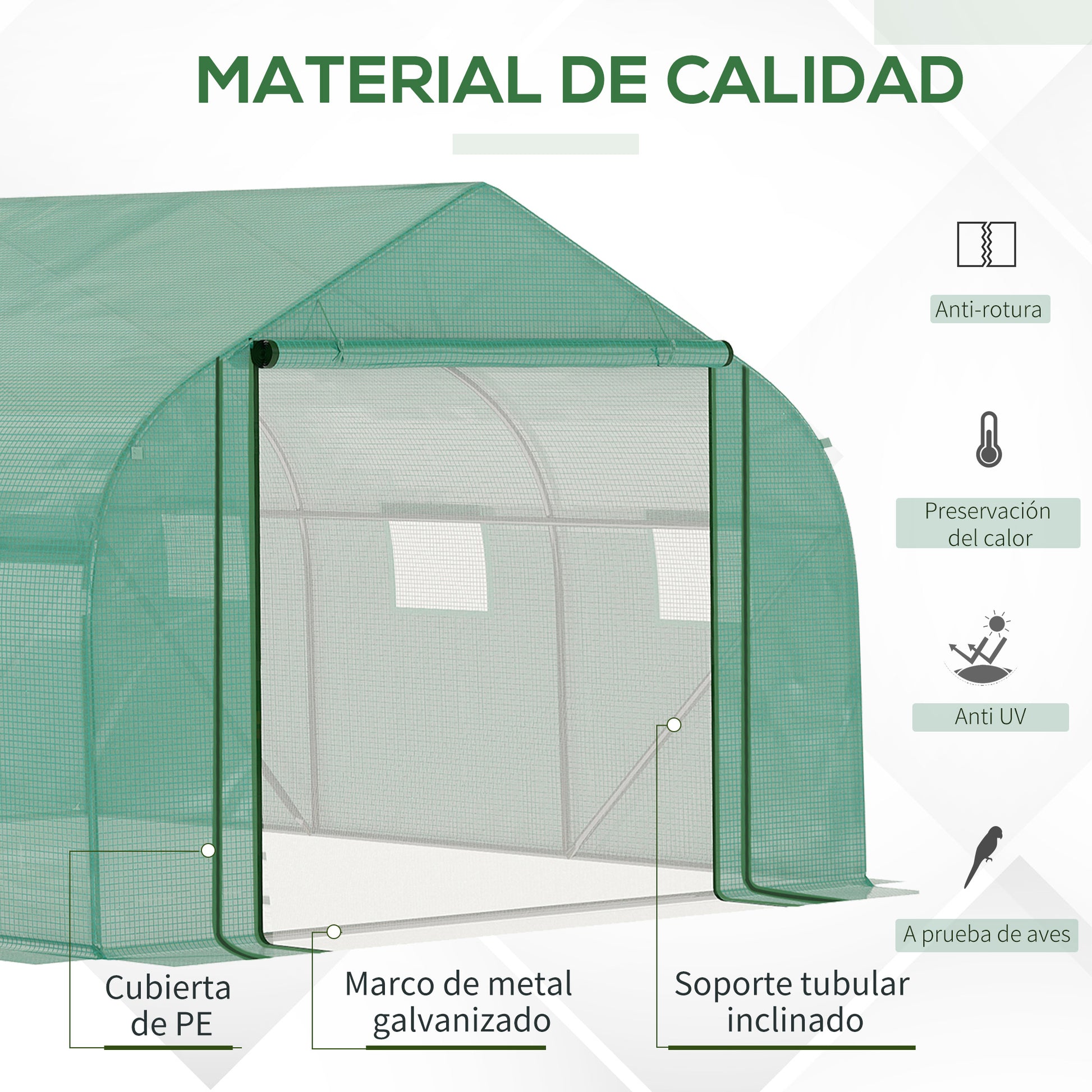 Outsunny Invernadero de Túnel 3,5x3x2 m Invernadero de Jardín con Puerta y 6 Ventanas Enrollables de Polietileno PE 140 g/m² Metal Galvanizado para Cultivos Plantas Flores Verde