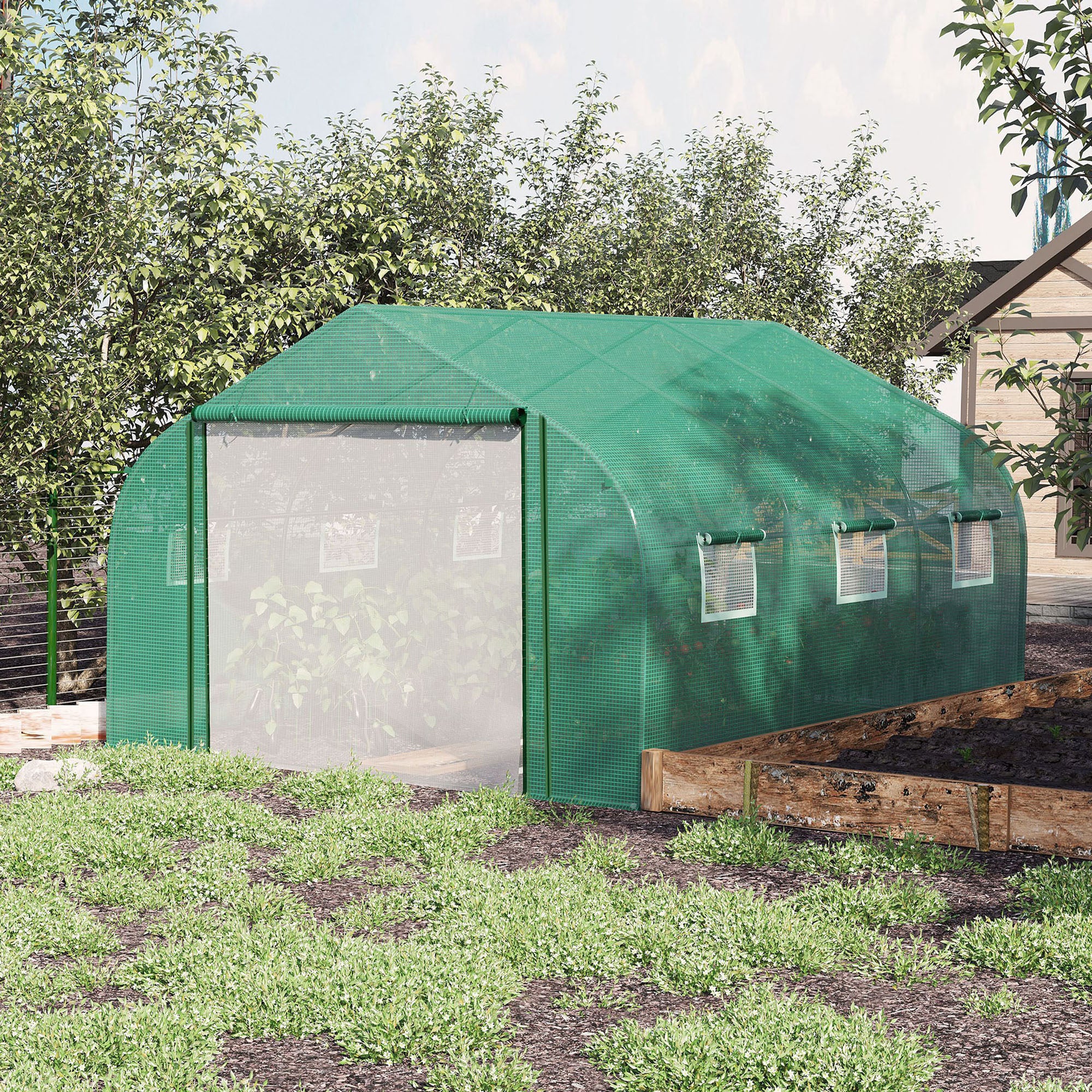 Outsunny Invernadero de Túnel 3,5x3x2 m Invernadero de Jardín con Puerta y 6 Ventanas Enrollables de Polietileno PE 140 g/m² Metal Galvanizado para Cultivos Plantas Flores Verde
