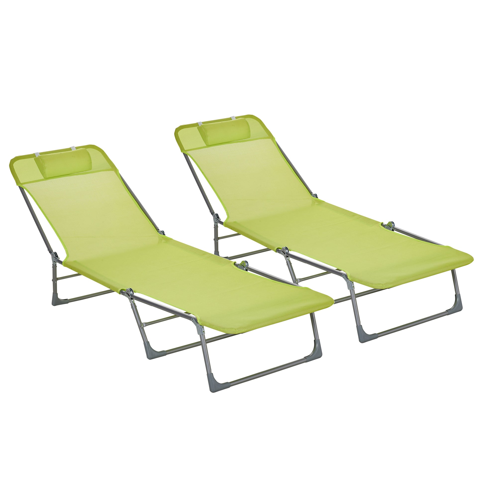 Outsunny Conjunto de 2 Tumbonas Plegables Tumbonas de Jardín Reclinables con Respaldo Ajustable en 5 Posiciones y Reposacabezas Carga 120 kg para Terraza Piscina Playa 182x56x24,5 cm Verde