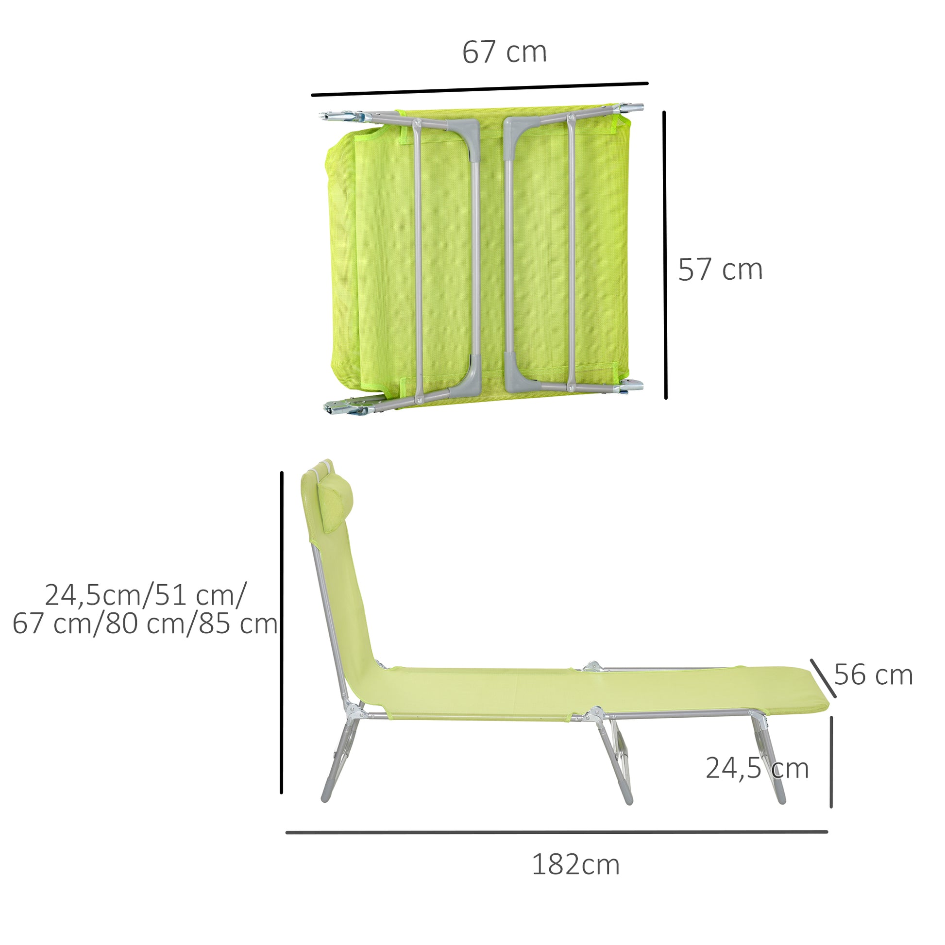 Outsunny Conjunto de 2 Tumbonas Plegables Tumbonas de Jardín Reclinables con Respaldo Ajustable en 5 Posiciones y Reposacabezas Carga 120 kg para Terraza Piscina Playa 182x56x24,5 cm Verde