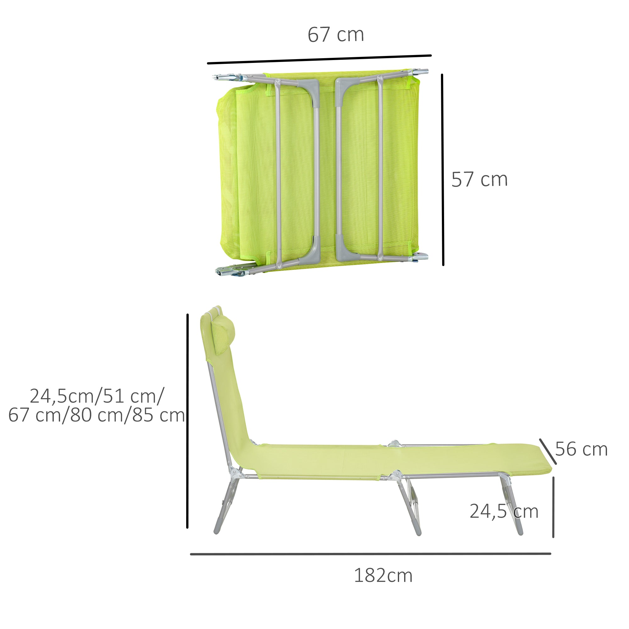 Outsunny Conjunto de 2 Tumbonas Plegables Tumbonas de Jardín Reclinables con Respaldo Ajustable en 5 Posiciones y Reposacabezas Carga 120 kg para Terraza Piscina Playa 182x56x24,5 cm Verde