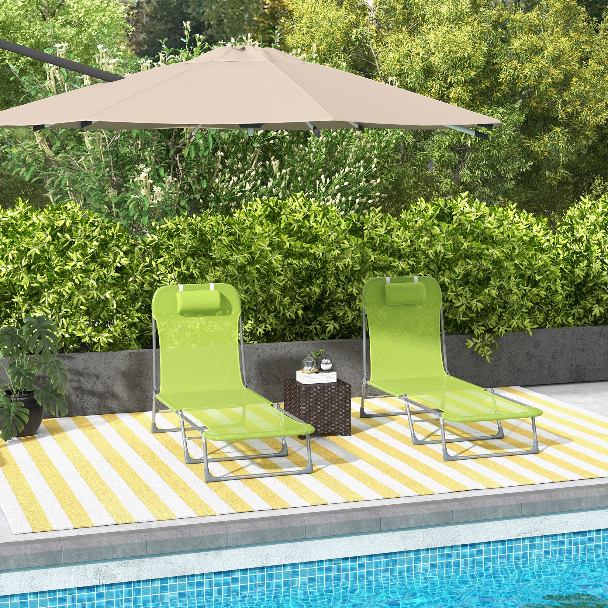 Outsunny Conjunto de 2 Tumbonas Plegables Tumbonas de Jardín Reclinables con Respaldo Ajustable en 5 Posiciones y Reposacabezas Carga 120 kg para Terraza Piscina Playa 182x56x24,5 cm Verde