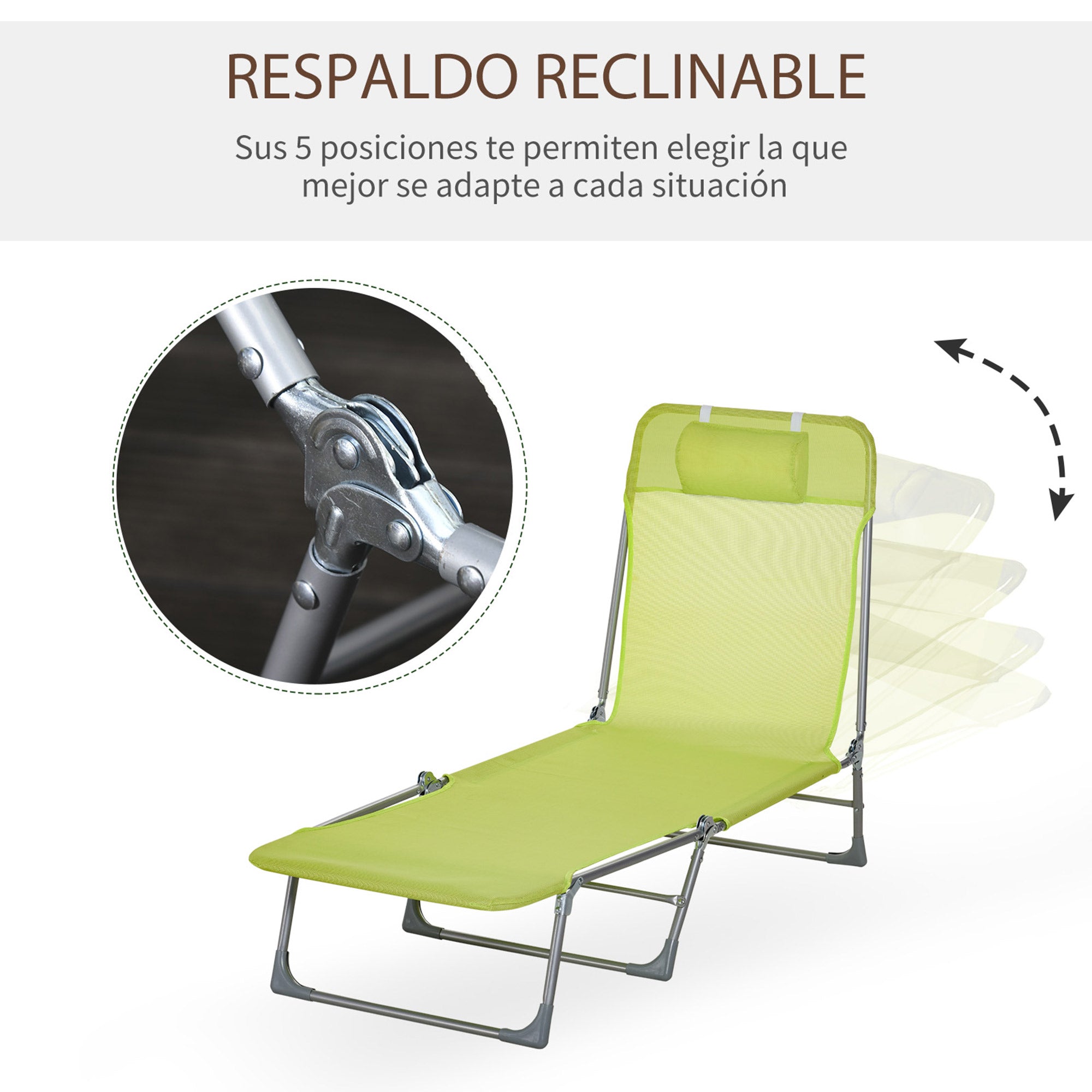Outsunny Conjunto de 2 Tumbonas Plegables Tumbonas de Jardín Reclinables con Respaldo Ajustable en 5 Posiciones y Reposacabezas Carga 120 kg para Terraza Piscina Playa 182x56x24,5 cm Verde