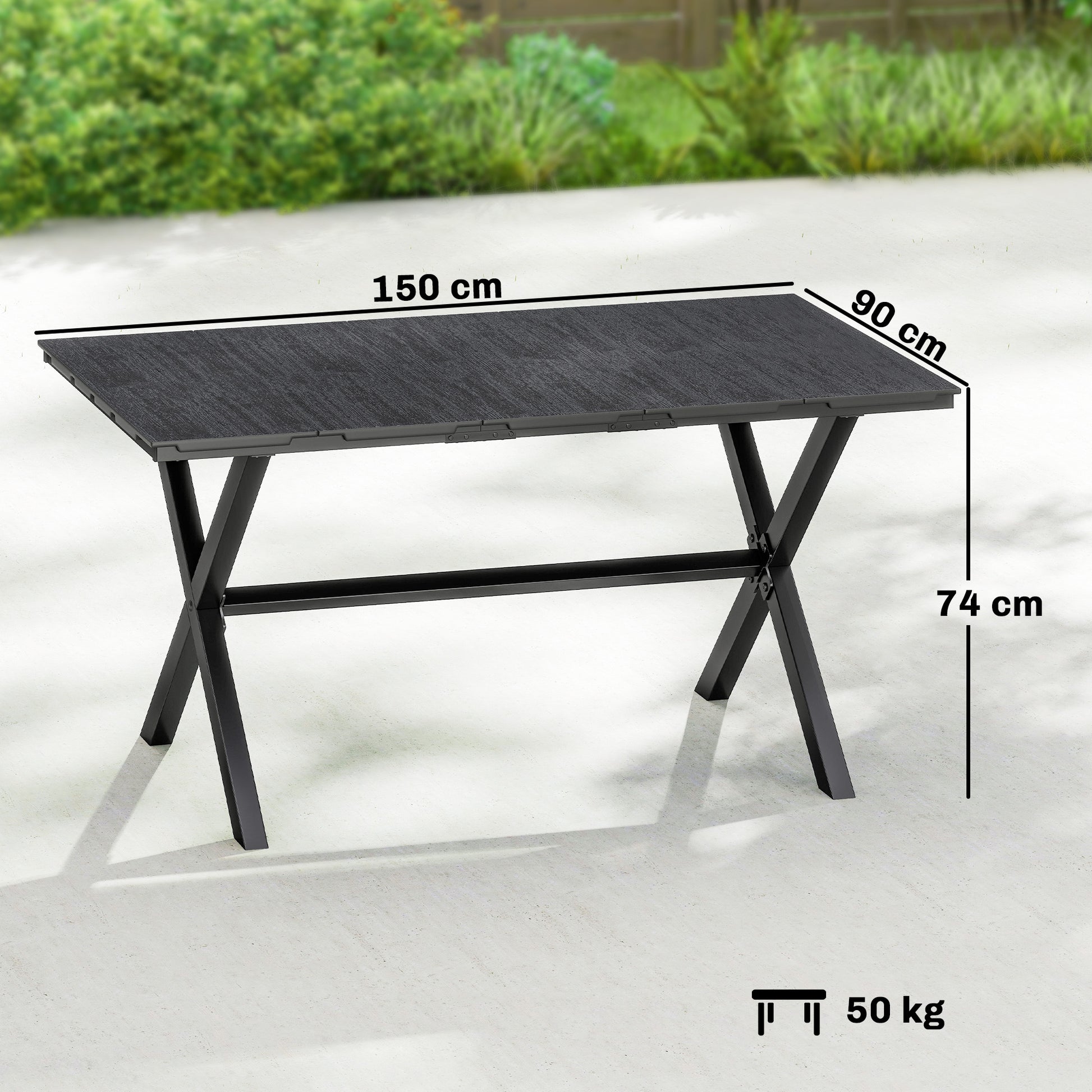 Outsunny Mesa de Comedor de Jardín Rectangular, Mesa de Terraza Exterior 150x90x74 cm, con Encimera de HDPE de Listones y Estructura Metálica, para 6 Personas, Carga 50 kg, para Patio, Balcón, Negro